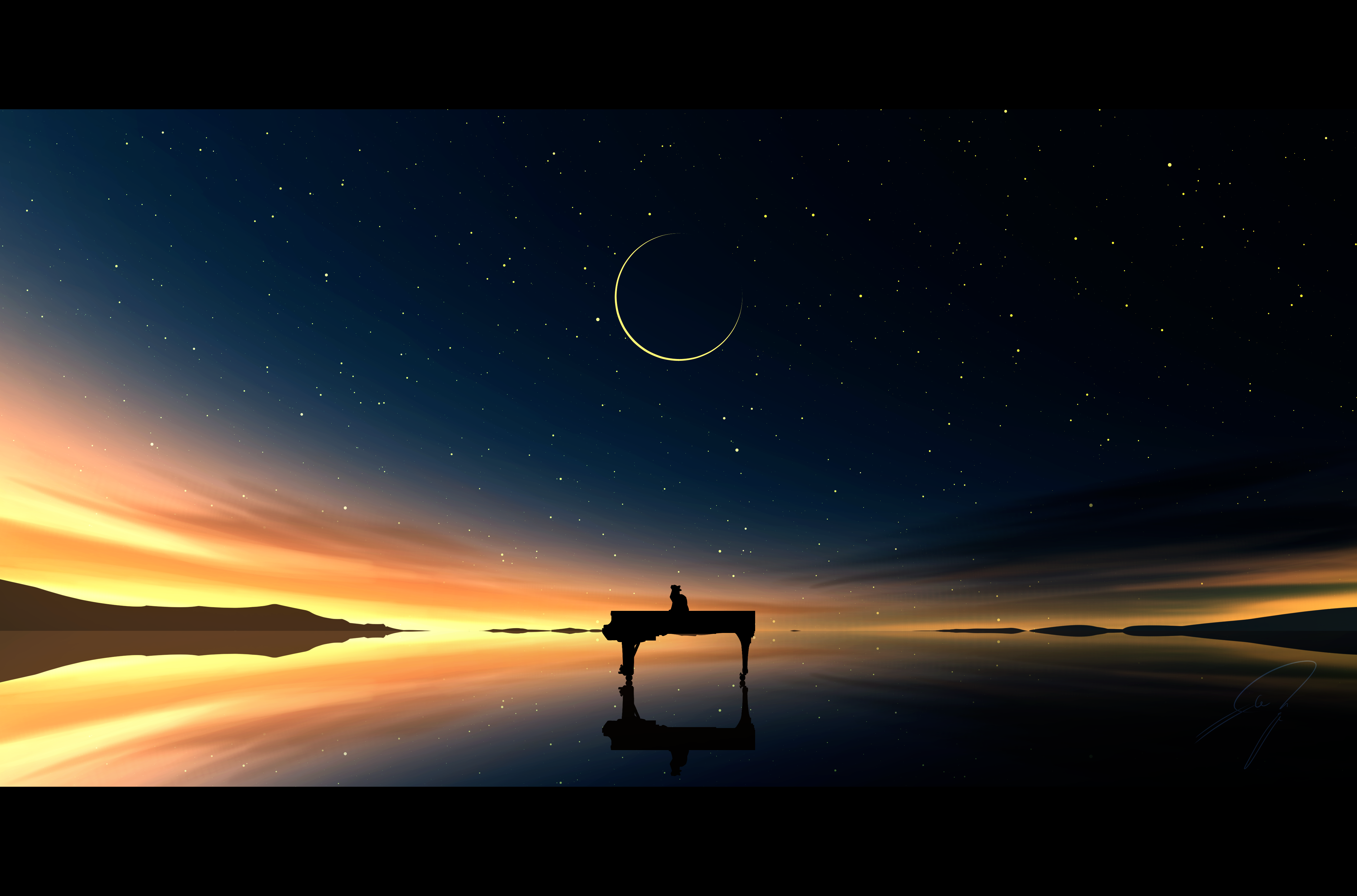 nengoro, original, absurdres, commentary request, highres, cat, colorful, crescent moon, dusk, gradient sky, horizon, instrument, letterboxed, moon, no humans, outdoors, piano, reflective surface, scenery, signature, silhouette, sky, sky focus, star (sky), starry sky, watermark