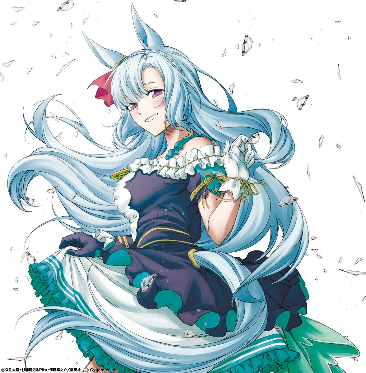 kuzumi taiyou, mejiro ardan (clinochlore line) (umamusume), mejiro ardan (umamusume), umamusume, umamusume: cinderella gray, commentary request, highres, official art, 1girl, animal ears, asymmetrical gloves, bare shoulders, black dress, black gloves, blue hair, braid, breasts, crown braid, debris, dress, frilled dress, frills, glass shards, gloves, horse ears, horse girl, horse tail, long hair, looking at viewer, medium breasts, mismatched gloves, off-shoulder dress, off shoulder, purple eyes, skirt hold, smile, solo, tail, white background, white gloves