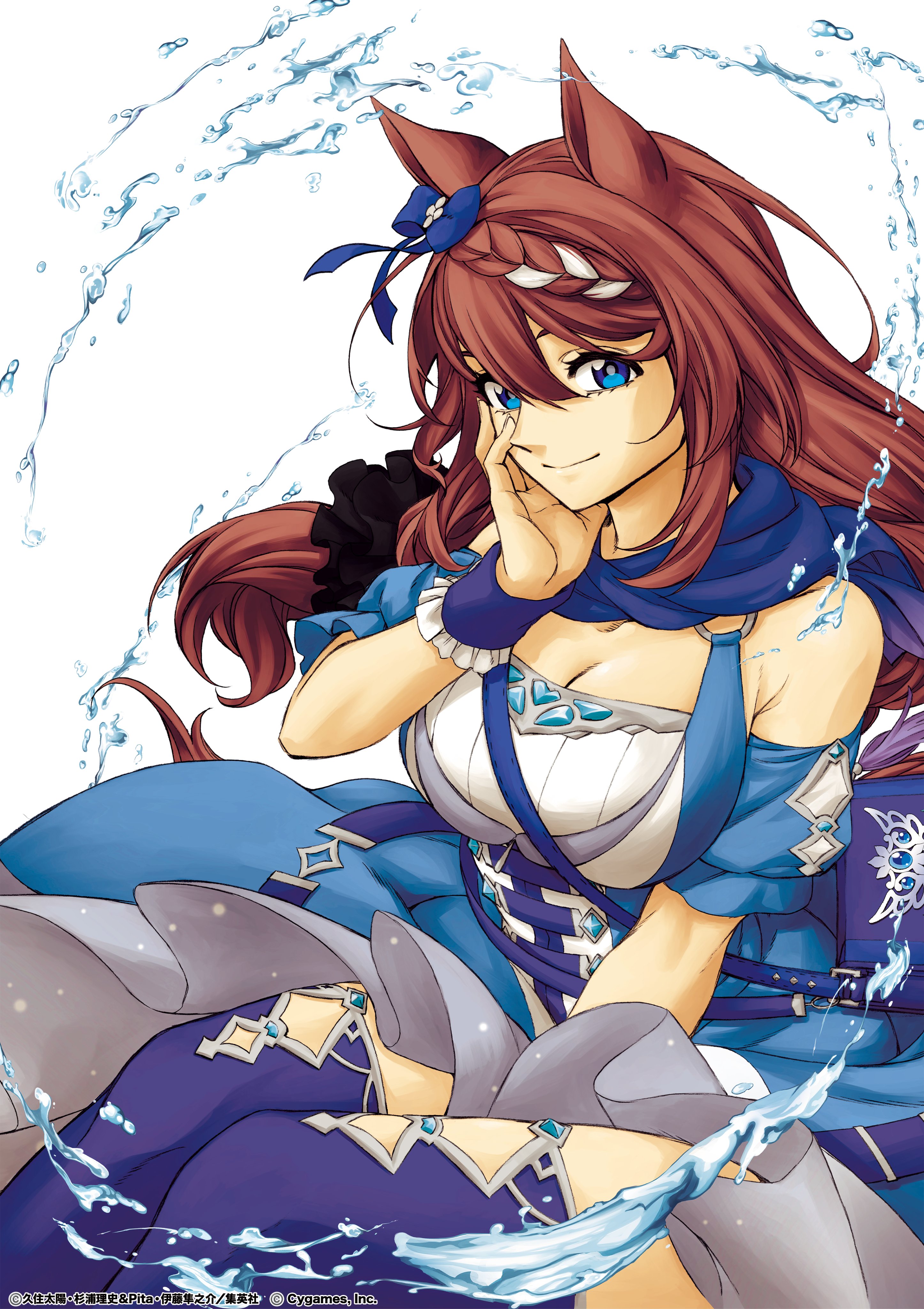 kuzumi taiyou, super creek (murmuring stream) (umamusume), super creek (umamusume), umamusume, umamusume: cinderella gray, absurdres, commentary request, highres, official art, 1girl, animal ears, bare shoulders, blue bow, blue dress, blue eyes, blue thighhighs, bow, braid, breasts, brown hair, cleavage, dress, ear bow, hair between eyes, horse ears, horse girl, large breasts, long hair, looking at viewer, multicolored hair, off-shoulder dress, off shoulder, short sleeves, smile, solo, streaked hair, thighhighs, two-tone hair, very long hair, water, white background, white hair