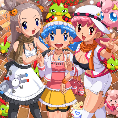 pokemoa, akane (pokemon), clefairy, crystal (pokemon), jigglypuff, magnemite, mikan (pokemon), natu, pikachu, togepi, unown, nintendo, pokemon, lowres, 3girls, bike shorts, blue eyes, blue hair, bow, breasts, brown hair, cleavage, eyelashes, gym leader, hat, multiple girls, open clothes, open shirt, pantyhose, pink hair, red eyes, scarf, skirt, thighhighs