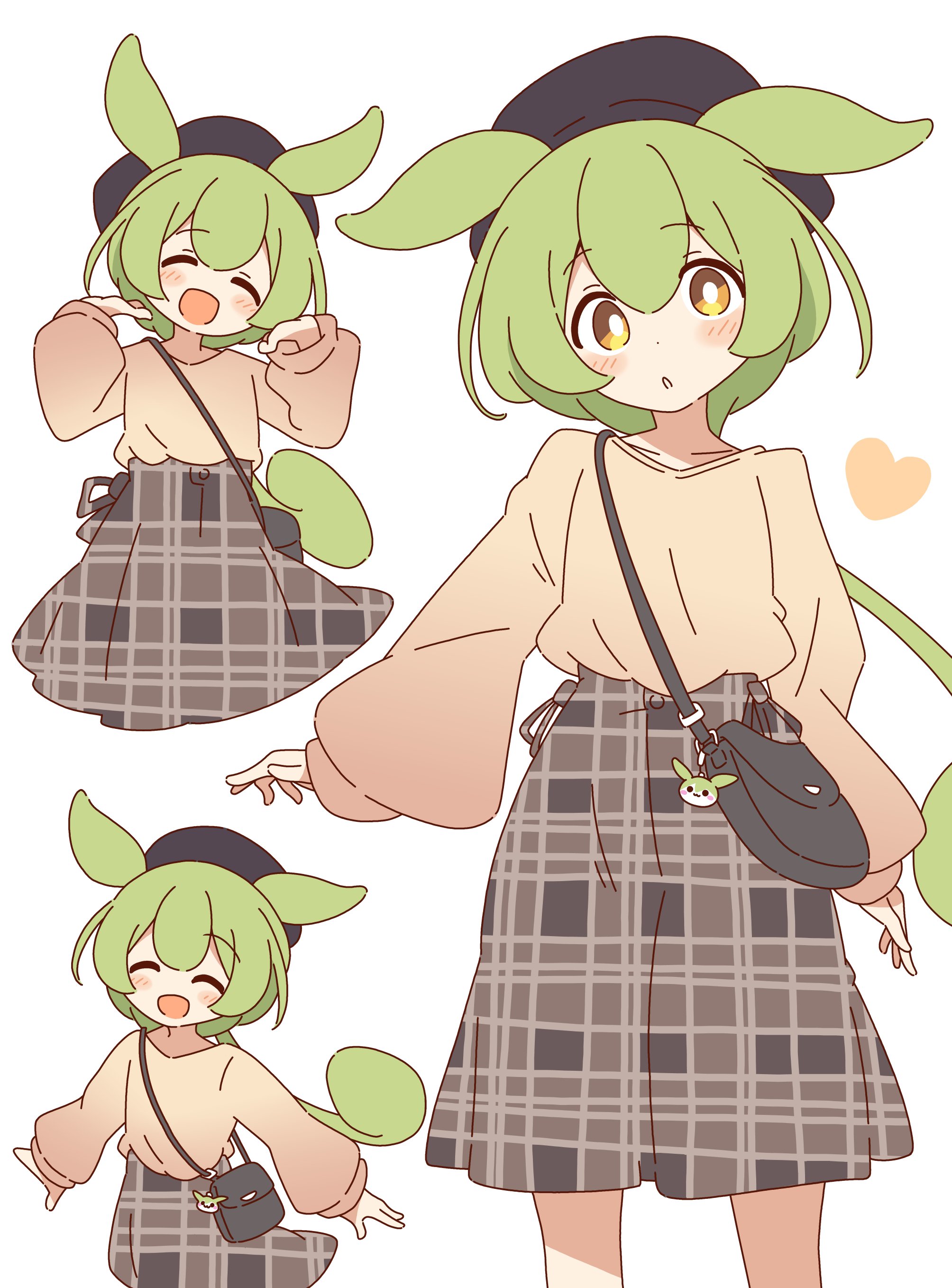 zungurimukkuri tarou, zundamon, zundamon (utau), voicevox, absurdres, highres, 1girl, :d, :o, ^ ^, alternate costume, animal ears, black hat, blush, bright pupils, brown shirt, brown skirt, closed eyes, dot nose, double-parted bangs, feet out of frame, green hair, hands up, hat, heart, long hair, long sleeves, looking at viewer, multiple views, open mouth, plaid clothes, plaid skirt, shirt, simple background, skirt, smile, standing, unmoving pattern, white background, white pupils, yellow eyes