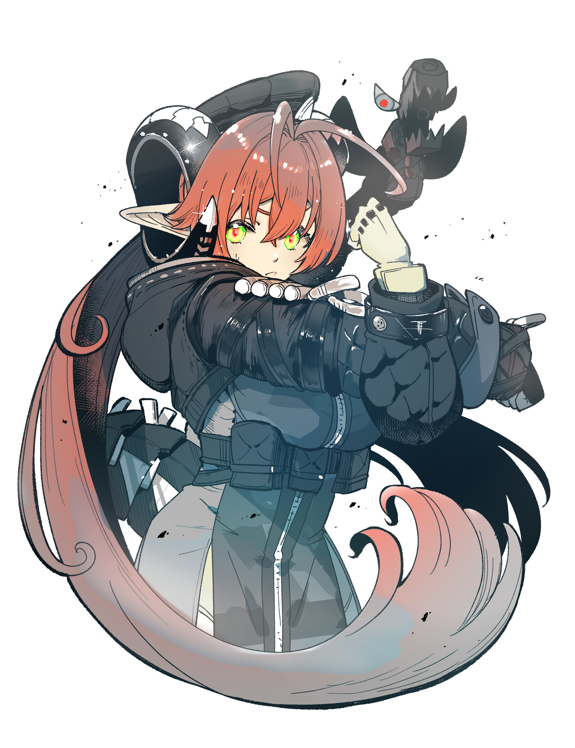 yoruniyoruyoshi, magus (zenless zone zero), orphie magnusson, zenless zone zero, absurdres, commentary request, highres, 1girl, antenna hair, black hat, breasts, cross-body stretch, gloves, green eyes, hat, hood, hood down, horns, long hair, long sleeves, looking at viewer, mechanical tail, orange hair, pointy ears, red pupils, serious, simple background, sweatdrop, tail, twintails, white background, zipper