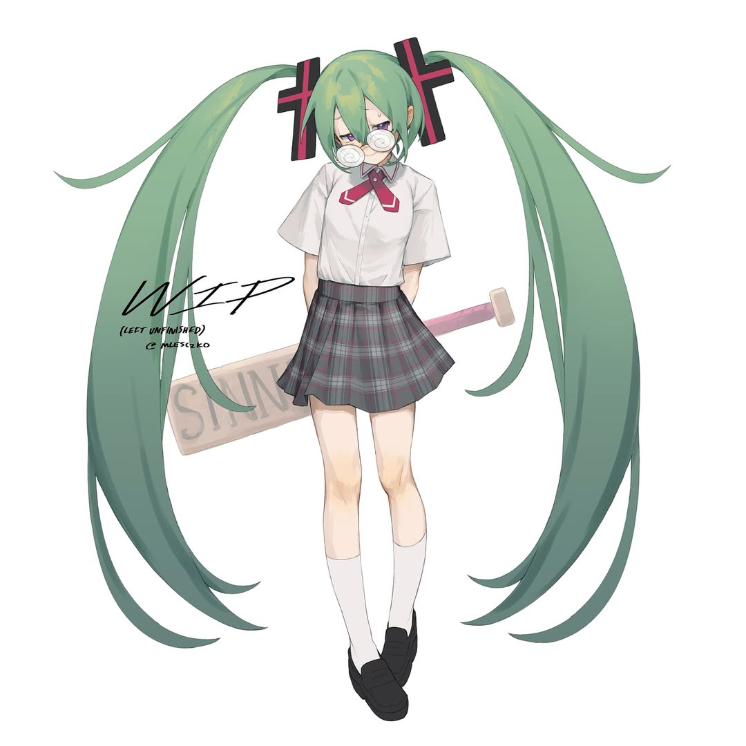 hatsune miku, confessions of a rotten girl (vocaloid), vocaloid, commentary, english commentary, 1girl, arms behind back, black shoes, cross tie, double-parted bangs, dress shirt, english text, full body, glasses, green hair, hair between eyes, loafers, long hair, mlesczko, plaid clothes, plaid skirt, purple eyes, school uniform, shirt, shirt tucked in, shoes, short sleeves, skirt, socks, sweatdrop, twintails, very long hair, white background, white shirt, white socks