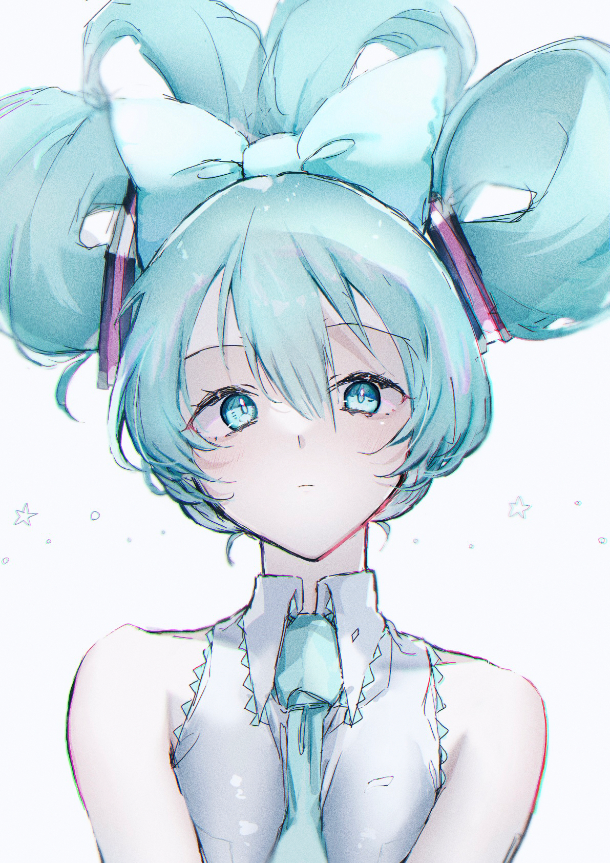 saksak mocchiri, cinnamiku, hatsune miku, vocaloid, commentary request, highres, 1girl, aqua bow, aqua eyes, aqua hair, aqua necktie, bare shoulders, bow, closed mouth, collared shirt, folded twintails, hair between eyes, hair bow, looking at viewer, necktie, shirt, simple background, sleeveless, sleeveless shirt, solo, star (symbol), updo, upper body, white background, white shirt