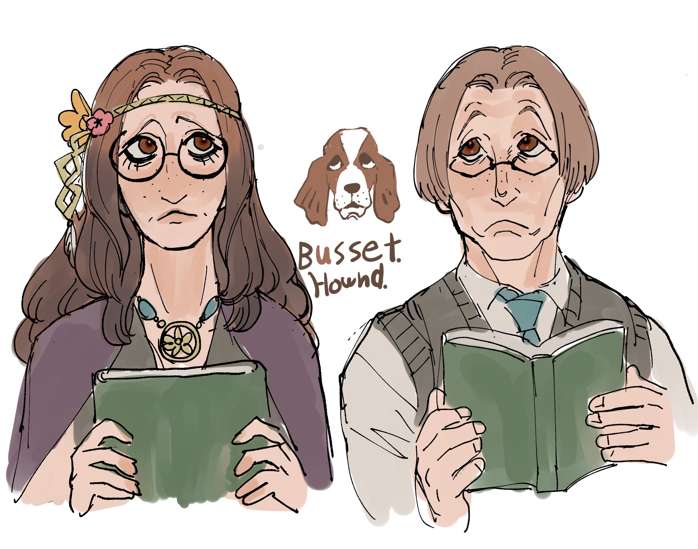dancho no mori, original, commentary, highres, symbol-only commentary, 1boy, 1girl, animal name, basset hound, black-framed eyewear, blue necktie, book, brown eyes, brown hair, circlet, creature and personification, dog, flower, freckles, frown, glasses, grey sweater vest, holding, holding book, jewelry, long hair, looking up, lower eyelashes only, necklace, necktie, orange flower, personification, pink flower, round eyewear, short hair, simple background, sweater vest, white background