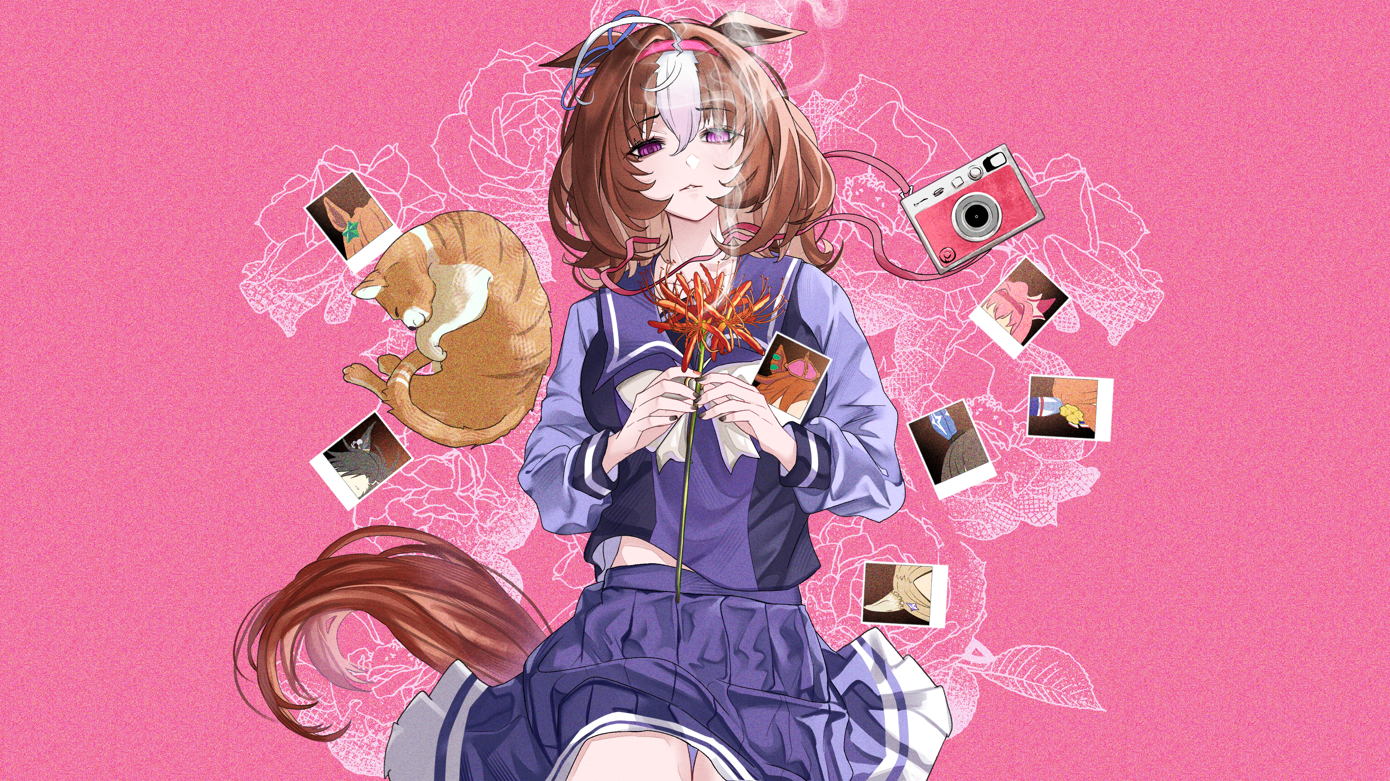 higeji (higeji404), admire vega (umamusume), air shakur (umamusume), haru urara (umamusume), matikanefukukitaru (umamusume), meisho doto (umamusume), meto (cat), narita top road (umamusume), t.m. opera o (umamusume), taiki shuttle (umamusume), umamusume, absurdres, commentary request, highres, 1girl, animal ears, bow, bowtie, brown hair, brown tail, camera, cat, crown, ear covers, floral background, flower, hair between eyes, holding, holding flower, horse ears, horse girl, horse tail, long sleeves, lying, medium hair, midriff peek, mini crown, on back, orange cat, pink background, polaroid photo, purple bow, purple bowtie, purple eyes, purple shirt, purple skirt, school uniform, shirt, skirt, smoke, smoke trail, spider lily, tail, tracen school uniform, white streaks