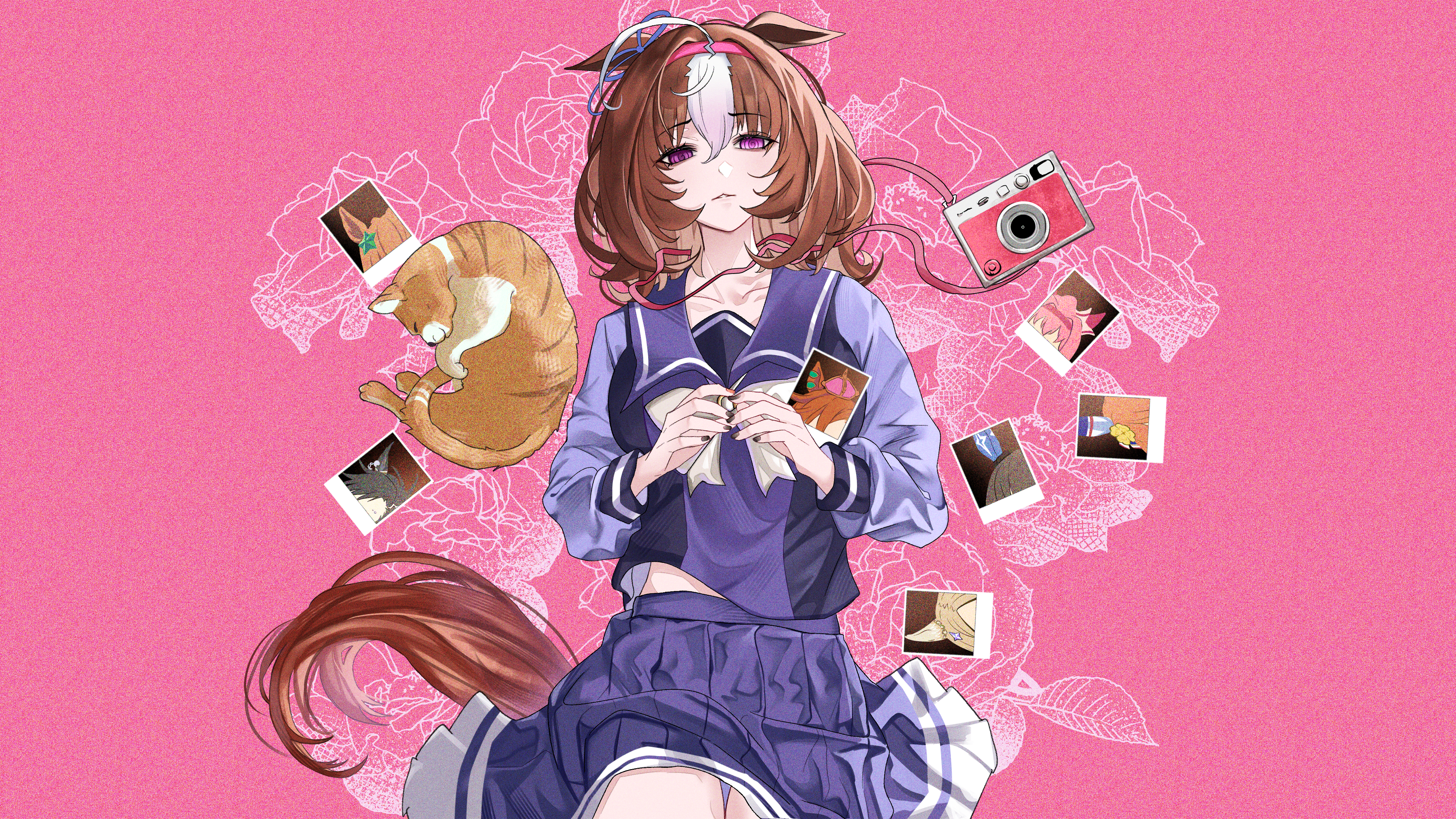 higeji (higeji404), admire vega (umamusume), air shakur (umamusume), haru urara (umamusume), matikanefukukitaru (umamusume), meisho doto (umamusume), meto (cat), narita top road (umamusume), t.m. opera o (umamusume), taiki shuttle (umamusume), umamusume, absurdres, commentary request, highres, 1girl, animal ears, bow, bowtie, brown hair, brown tail, camera, cat, crown, ear covers, floral background, hair between eyes, horse ears, horse girl, horse tail, long sleeves, lying, medium hair, midriff peek, mini crown, on back, orange cat, pink background, polaroid photo, purple bow, purple bowtie, purple eyes, purple shirt, purple skirt, school uniform, shirt, skirt, tail, tracen school uniform, white streaks