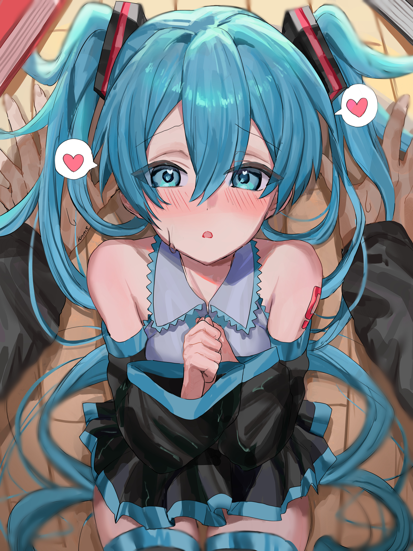 kanimiso uni, hatsune miku, master (vocaloid), vocaloid, highres, 1girl, 1other, aqua eyes, aqua hair, aqua nails, aqua necktie, aqua trim, arm tattoo, black skirt, blush, collarbone, detached sleeves, embarrassed, hair between eyes, hair ornament, hands on own chest, heart, kabedon, long hair, long sleeves, looking at viewer, lovestruck, necktie, open mouth, pleated skirt, pov, pov hands, shirt, skirt, sleeveless, sleeveless shirt, solo focus, speech bubble, spoken heart, sweat, tattoo, twintails, very long hair, wide sleeves