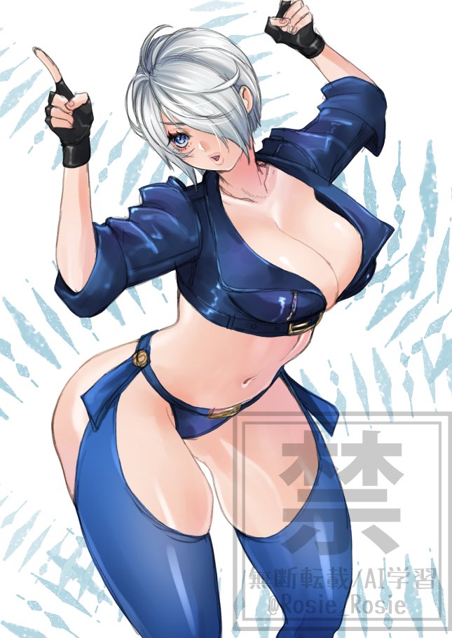 rosie rosie, angel (kof), snk, the king of fighters, the king of fighters xiv, 1girl, backless pants, black gloves, blue eyes, bra, breasts, chaps, cleavage, crop top, cropped jacket, fingerless gloves, gloves, hair over one eye, horns pose, index fingers raised, jacket, large breasts, leather, leather jacket, looking at viewer, midriff, navel, panties, pants, short hair, solo, strapless, strapless bra, toned, toned female, underwear, white hair