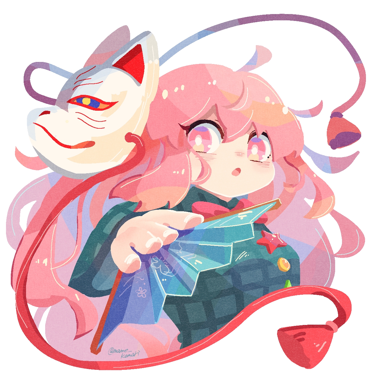 mame komari, hata no kokoro, touhou, commentary request, highres, 1girl, :o, ahoge, bow, bowtie, cropped torso, fox mask, green shirt, hand fan, holding, holding fan, long hair, long sleeves, looking at viewer, mask, mask on head, no lineart, open mouth, pink eyes, pink hair, plaid clothes, plaid shirt, red bow, red bowtie, shirt, simple background, solo, star (symbol), twitter username, white background