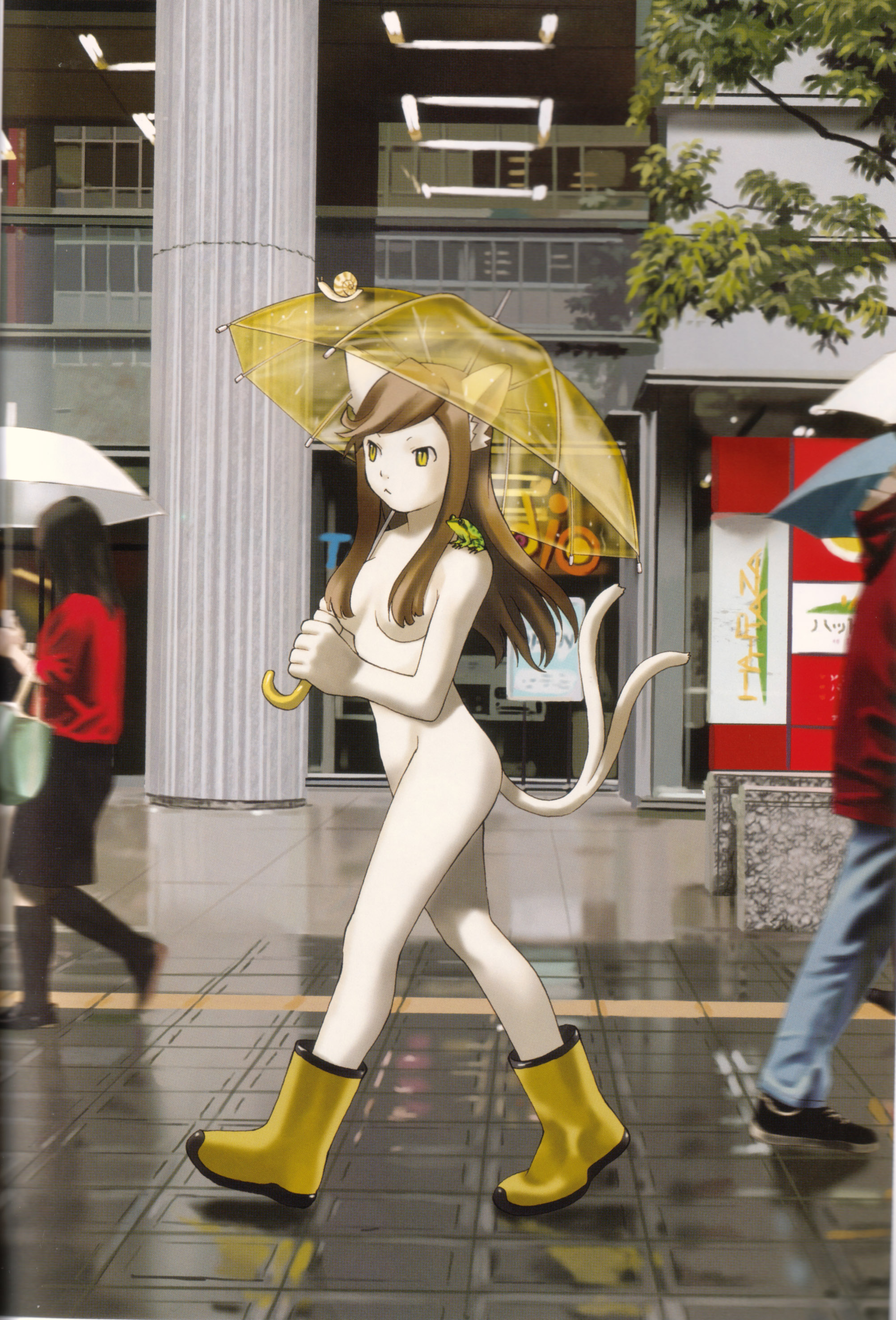 nekomata (megami tensei), atlus, persona, persona 2, absurdres, highres, scan, 1girl, animal ears, bag, bakeneko, black socks, blurry, boots, cat ears, cat girl, cat tail, colored skin, demon (megami tensei), depth of field, frog, from side, furry, furry female, hair censor, hair over breasts, handbag, holding, holding umbrella, kneehighs, long hair, multiple tails, nekomata, nude, public indecency, rain, rubber boots, snail, socks, solo focus, swept bangs, tail, umbrella, walking, white skin, yellow boots, zenra