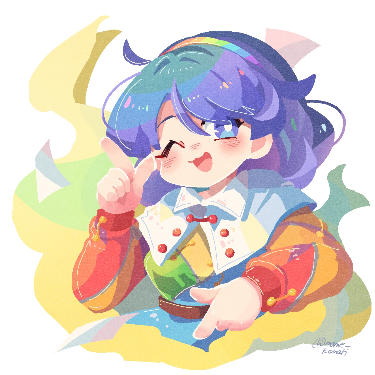 mame komari, tenkyuu chimata, touhou, commentary request, highres, 1girl, :3, ;d, aura, blue eyes, blue hair, capelet, cropped torso, hairband, long sleeves, looking at viewer, medium hair, multicolored hairband, multicolored shirt, no lineart, one eye closed, open mouth, patchwork clothes, pointing, pointing down, pointing up, rainbow gradient, smile, solo, twitter username, white background, white capelet