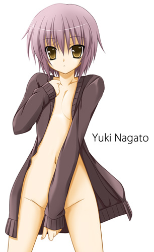 nagato yuki, suzumiya haruhi no yuuutsu, light purple hair, lowres, 00s, 1girl, coat, female focus, naked coat, solo, sweater, yellow eyes