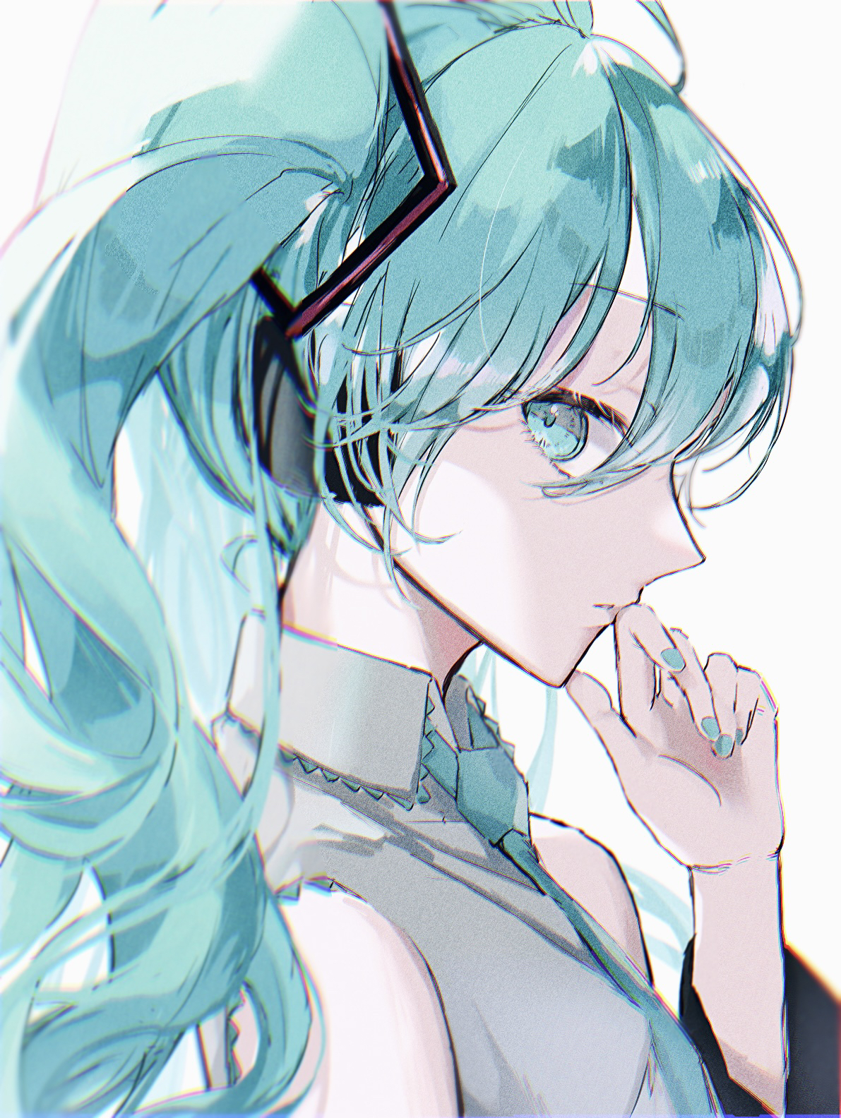 saksak mocchiri, hatsune miku, vocaloid, commentary request, highres, 1girl, aqua eyes, aqua hair, aqua nails, aqua necktie, arm up, bare shoulders, collared shirt, detached sleeves, from side, grey shirt, hair between eyes, headphones, long hair, looking at viewer, necktie, parted lips, shirt, simple background, solo, twintails, upper body, white background