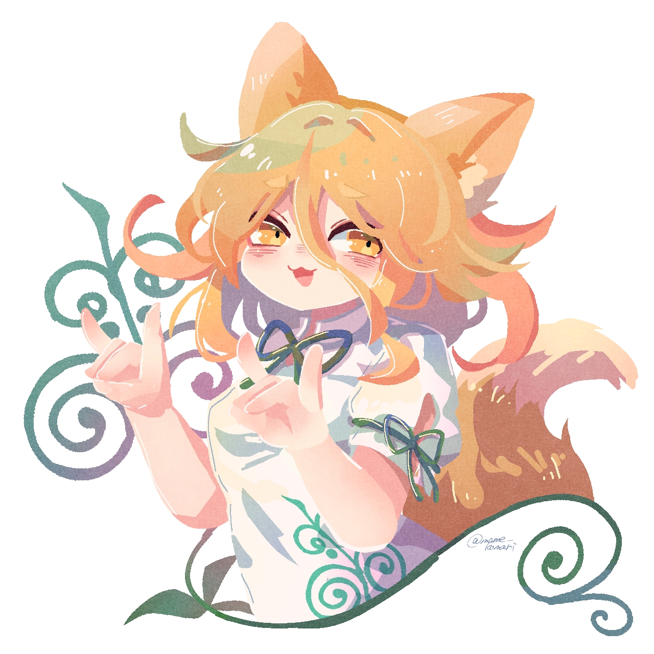 mame komari, kudamaki tsukasa, touhou, commentary request, highres, 1girl, :3, :d, animal ears, blonde hair, cropped torso, fox ears, fox girl, fox shadow puppet, fox tail, green ribbon, hair between eyes, hands up, long hair, looking at viewer, neck ribbon, no lineart, open mouth, orange eyes, puffy short sleeves, puffy sleeves, ribbon, short sleeves, simple background, smile, solo, tail, twitter username, white background