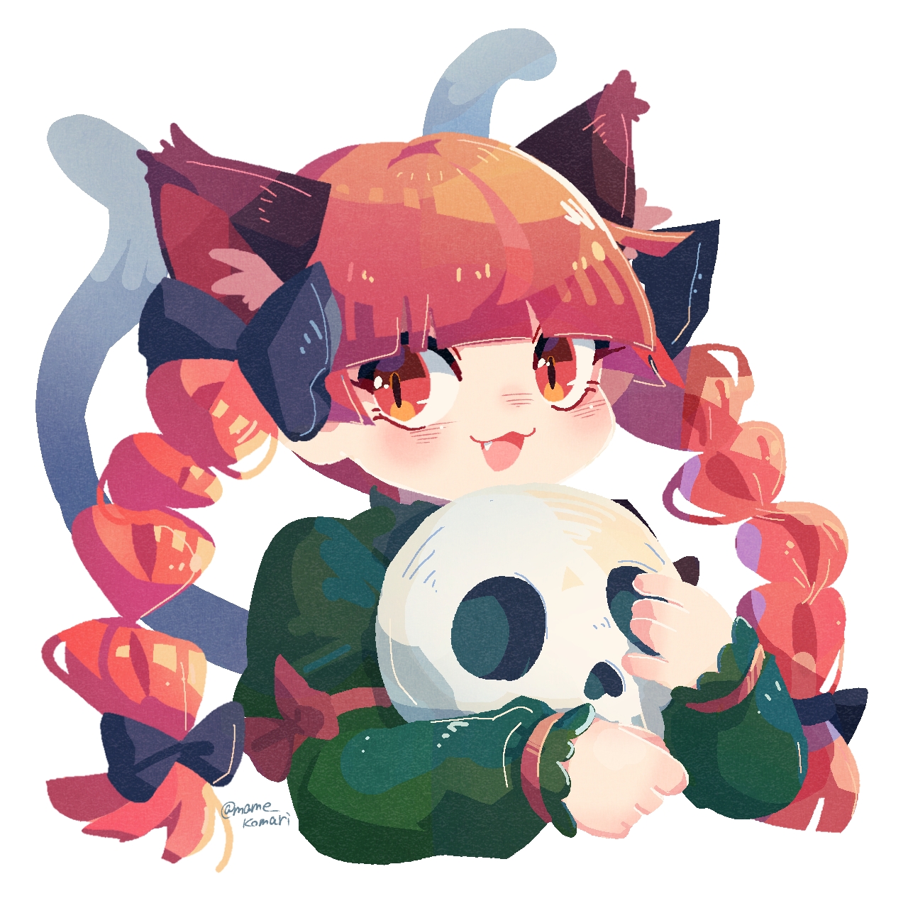 mame komari, kaenbyou rin, touhou, commentary request, highres, 1girl, :3, :d, animal ears, black ribbon, blunt bangs, braid, cat ears, cat girl, cat tail, cropped torso, fang, green skirt, holding, holding skull, long hair, long sleeves, looking at viewer, multiple tails, no lineart, open mouth, red eyes, red hair, ribbon, simple background, skirt, skull, slit pupils, smile, solo, tail, twin braids, twitter username, two tails, white background