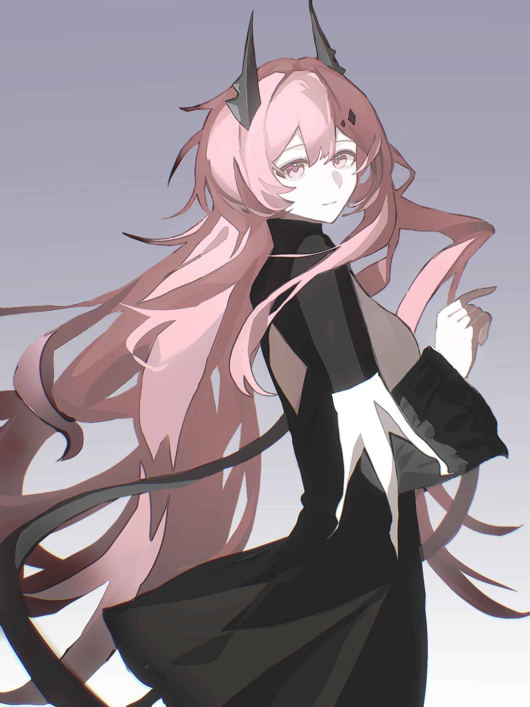 theresa (arknights), arknights, chinese commentary, commentary request, highres, 1girl, black dress, black horns, chromatic aberration, closed mouth, cowboy shot, dress, gradient background, grey background, hand up, horns, jiu yi wu, light smile, long hair, long sleeves, looking at viewer, pink eyes, pink hair, solo, standing, very long hair, white background