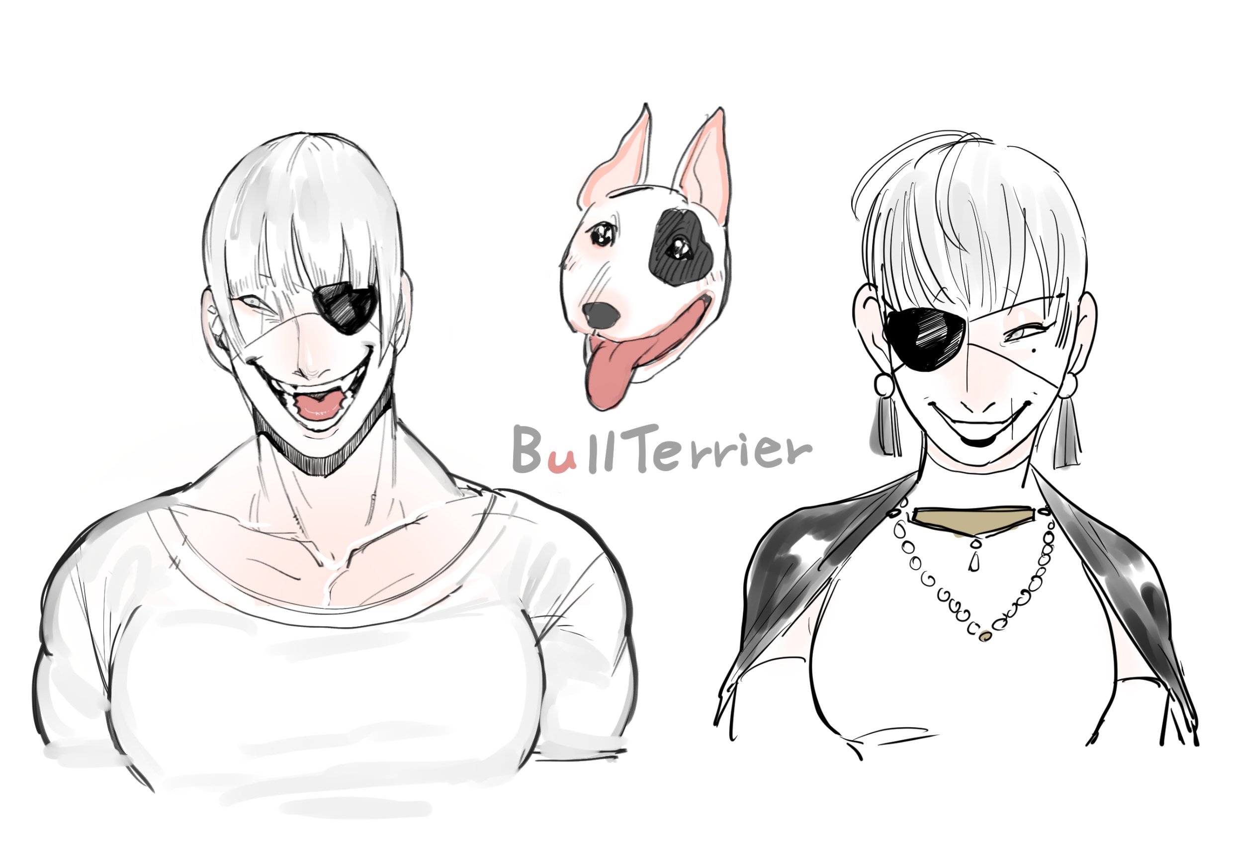 dancho no mori, original, commentary, highres, symbol-only commentary, 1boy, 1girl, :d, animal name, black lips, bull terrier, collarbone, creature and personification, dog, dual persona, earrings, eyepatch, fangs, jewelry, large pectorals, mole, mole under eye, muscular, muscular male, open mouth, pectorals, personification, scar, scar across eye, scar on face, scar on mouth, short hair, simple background, smile, tassel, tassel earrings, teeth, white background, white eyes, white hair