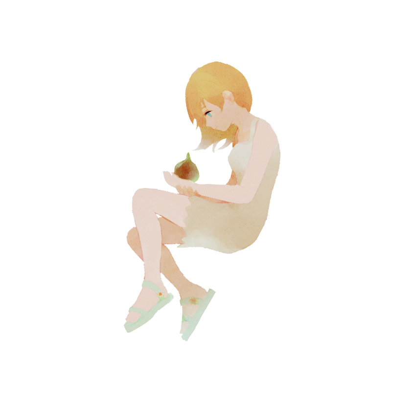 sashimi umasugi, namine, kingdom hearts, kingdom hearts ii, commentary request, 1girl, blonde hair, blue eyes, breasts, dress, food, from side, full body, holding, holding food, invisible chair, medium breasts, medium hair, sandals, short dress, sitting, solo, white dress