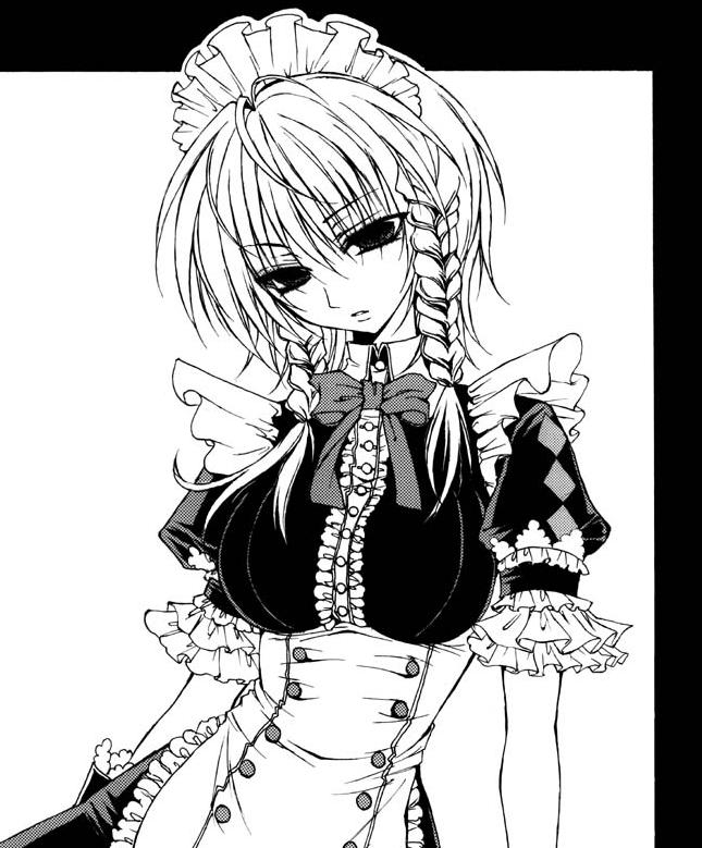 umeiro, izayoi sakuya, touhou, bad id, bad pixiv id, 1girl, breasts, female focus, greyscale, hairband, maid, monochrome, ribbon, solo, white background