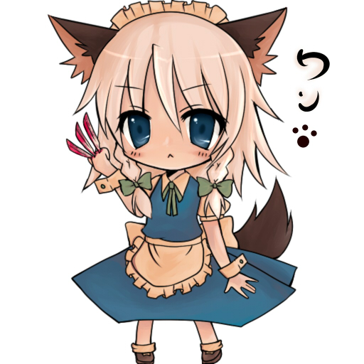 kaminari mai, inu sakuya (nejikirio), izayoi sakuya, touhou, silver hair, 1girl, animal ears, between fingers, blue eyes, blush, chibi, dog ears, dog tail, female focus, hairband, holding, kemonomimi mode, knife, maid, ribbon, short hair, solo, tail, throwing knife, weapon