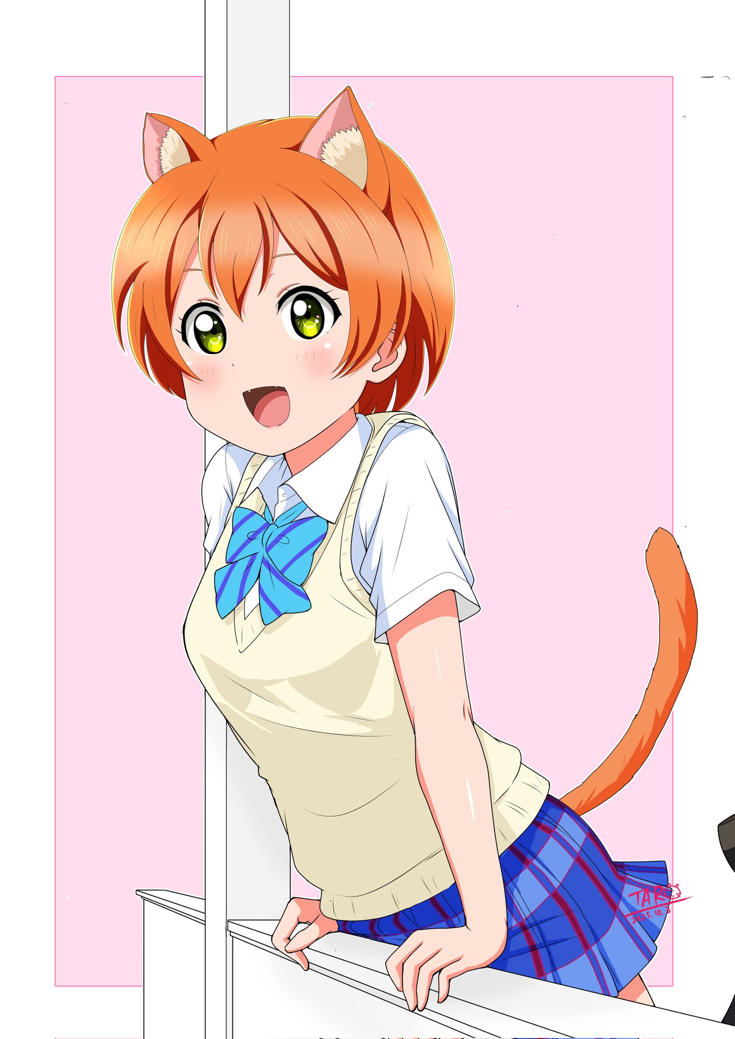taro2201, hoshizora rin, love live!, love live! school idol project, commentary, hashtag-only commentary, highres, 1girl, animal ears, blue skirt, cat ears, cat girl, cat tail, collared shirt, dress shirt, fang, green eyes, hand on railing, kemonomimi mode, miniskirt, open mouth, orange hair, otonokizaka school uniform, pink background, plaid clothes, plaid skirt, pleated skirt, school uniform, shirt, simple background, skirt, solo, summer uniform, sweater vest, tail, white shirt, yellow sweater vest