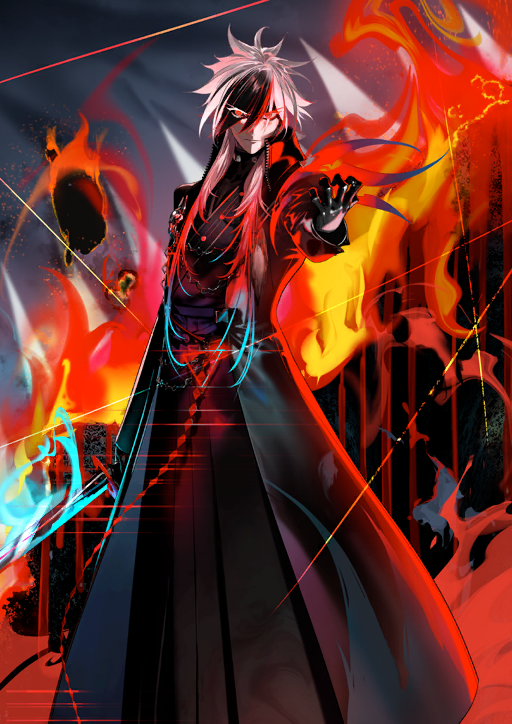 pako (pakosun), kondou isami (fate), kondou isami (first ascension) (fate), fate/grand order, fate (series), game cg, official art, third-party source, 1boy, arm at side, black gloves, closed mouth, colored eyelashes, eyes visible through hair, feet out of frame, fire, gloves, hair over one eye, hand up, holding, holding sword, holding weapon, long hair, long sleeves, looking at viewer, male focus, multicolored hair, outdoors, red eyes, red theme, solo, sword, two-tone hair, v-shaped eyebrows, weapon, white eyelashes, white hair, zipper