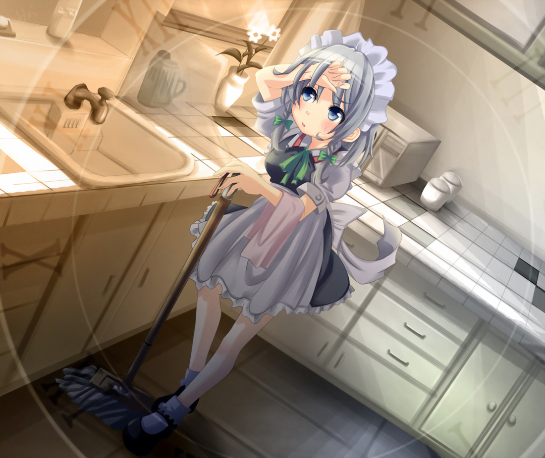 vinashyra, izayoi sakuya, touhou, silver hair, 1girl, blue eyes, blush, cleaning, female focus, flower, hairband, maid, mop, ribbon, short hair, solo, sweat