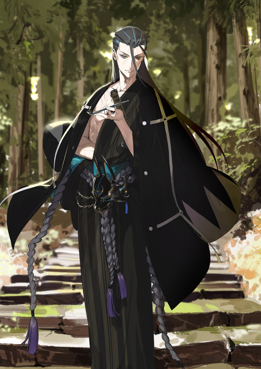 pako (pakosun), kondou isami (fate), kondou isami (second ascension) (fate), fate/grand order, fate (series), game cg, official art, third-party source, 1boy, aqua sash, black hair, black haori, black kimono, closed mouth, collarbone, cowlick, feet out of frame, grey eyes, hadanugi dousa, hair slicked back, hand up, haori, haori on shoulders, holding, holding smoking pipe, japanese clothes, katana, kimono, kiseru, long hair, long sleeves, looking at viewer, male focus, obi, open kimono, outdoors, rope belt, sash, sheath, sheathed, smoking pipe, solo, standing, sword, v-shaped eyebrows, very long hair, weapon, wide sleeves