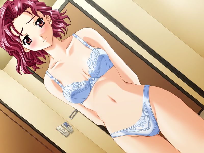 omochi, ryoujoku gojuusou, game cg, 1girl, blue panties, bra, dutch angle, female focus, lingerie, panties, pink eyes, red hair, short hair, solo, underwear, underwear only
