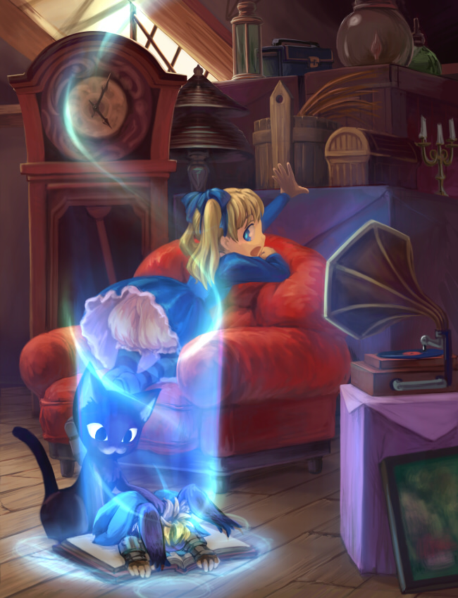 hiz, alice (odin sphere), cornelius (odin sphere), socrates (odin sphere), odin sphere, 1girl, animal, blonde hair, bloomers, blue eyes, book, cat, chair, dress, loli, ribbon, twintails, underwear