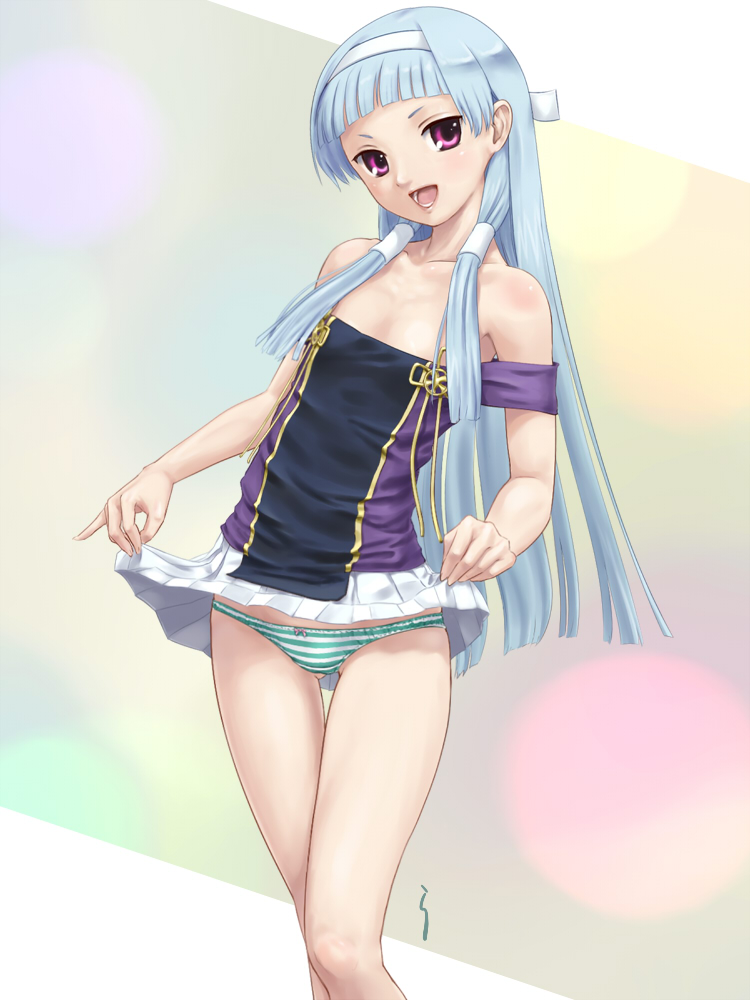 rasukaru, nagi, kannagi, 00s, 1girl, blue hair, blunt bangs, clothes lift, female focus, flat chest, hair tubes, hairband, long hair, panties, petite, pleated skirt, purple eyes, skirt, skirt lift, solo, strap slip, striped clothes, striped panties, underwear, upskirt, white skirt