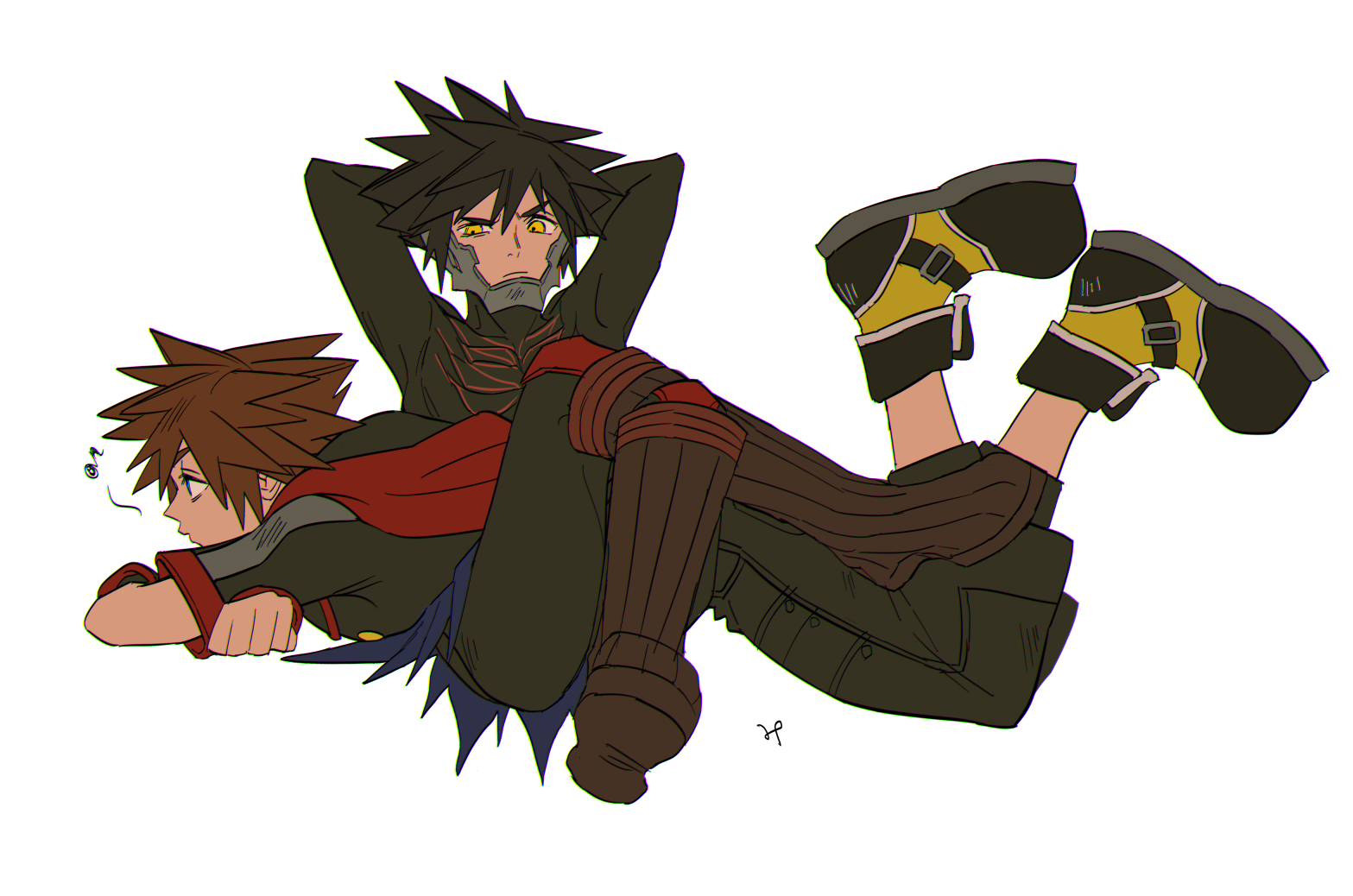 sashimi umasugi, sora (kingdom hearts), vanitas (kingdom hearts), kingdom hearts, kingdom hearts iii, commentary request, 2boys, arms behind head, black hair, black pants, black shoes, brown hair, crossed legs, eighth note, hood, hooded jacket, jacket, lying, lying on person, male focus, multiple boys, musical note, on stomach, pants, shoes, short-sleeved jacket, short sleeves, signature, sitting, spiked hair, yellow eyes