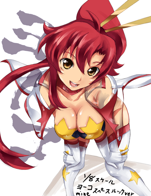 imazon, space yoko, yoko littner, tengen toppa gurren lagann, 00s, 1girl, bikini, bikini top only, breasts, cleavage, female focus, gloves, large breasts, leaning forward, long hair, ponytail, red hair, solo, swimsuit, thighhighs, yellow bikini, yellow eyes
