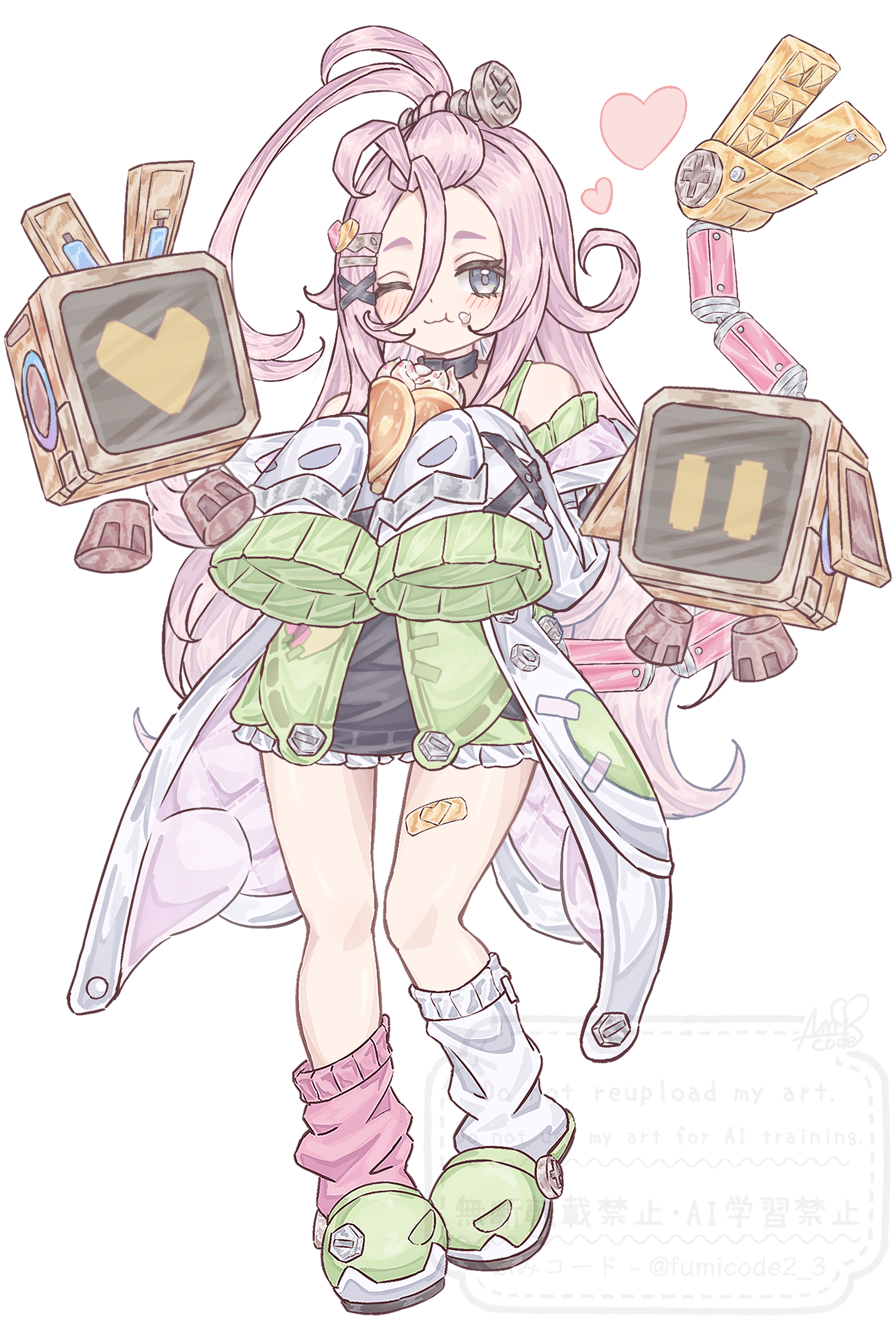 fumicode2 3, aino (genshin impact), genshin impact, highres, 1girl, ahoge, asymmetrical legwear, closed mouth, eating, food, food on face, forehead, full body, green slippers, hair between eyes, hair ornament, long hair, looking at viewer, mismatched legwear, mismatched socks, one eye closed, pink hair, pink socks, screw hair ornament, simple background, slippers, smile, socks, solo, standing, very long hair, very long sleeves, white background, white socks