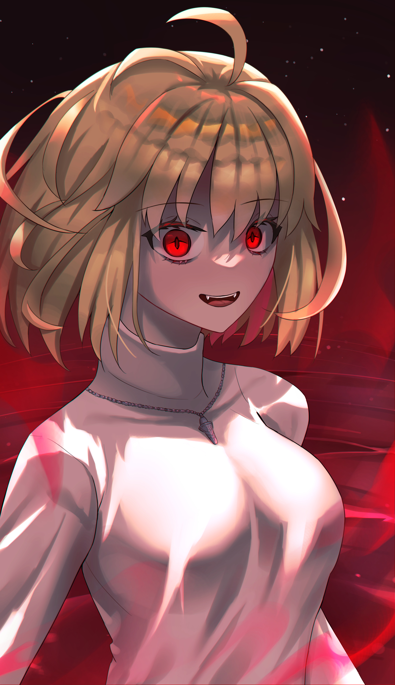 glazearty, arcueid brunestud, red arcueid, tsukihime, tsukihime (remake), highres, 1girl, ahoge, blonde hair, breasts, crazy eyes, crazy smile, fangs, floating hair, hair between eyes, jewelry, large breasts, looking at viewer, necklace, open mouth, red eyes, short hair, smile, sweater, turtleneck, turtleneck sweater, upper body, vampire, wavy hair, white sweater