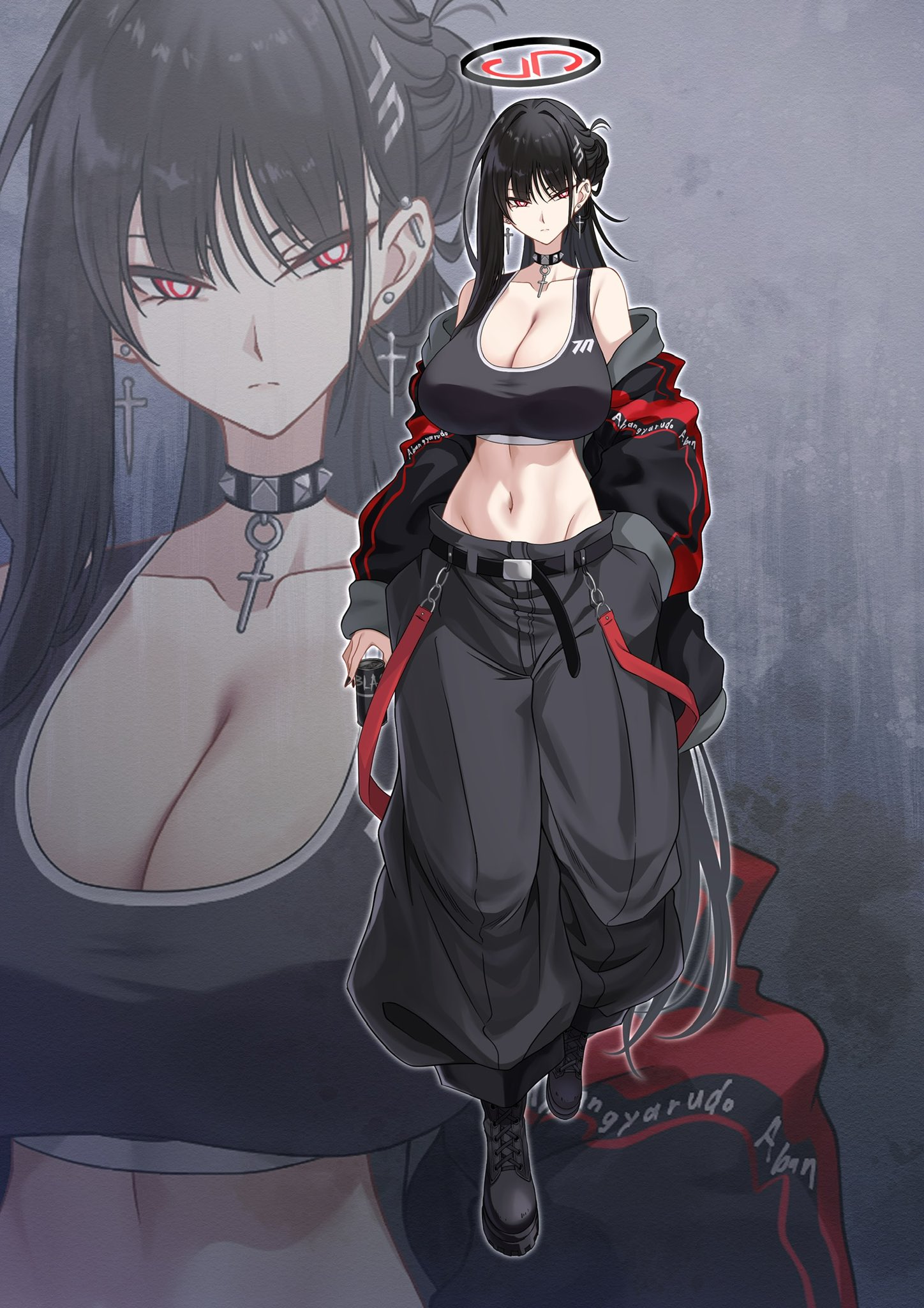 suigetu26, rio (blue archive), blue archive, highres, tagme, 1girl, black hair, breasts, full body, halo, long hair, millennium science school logo, pants, red eyes, sports bra
