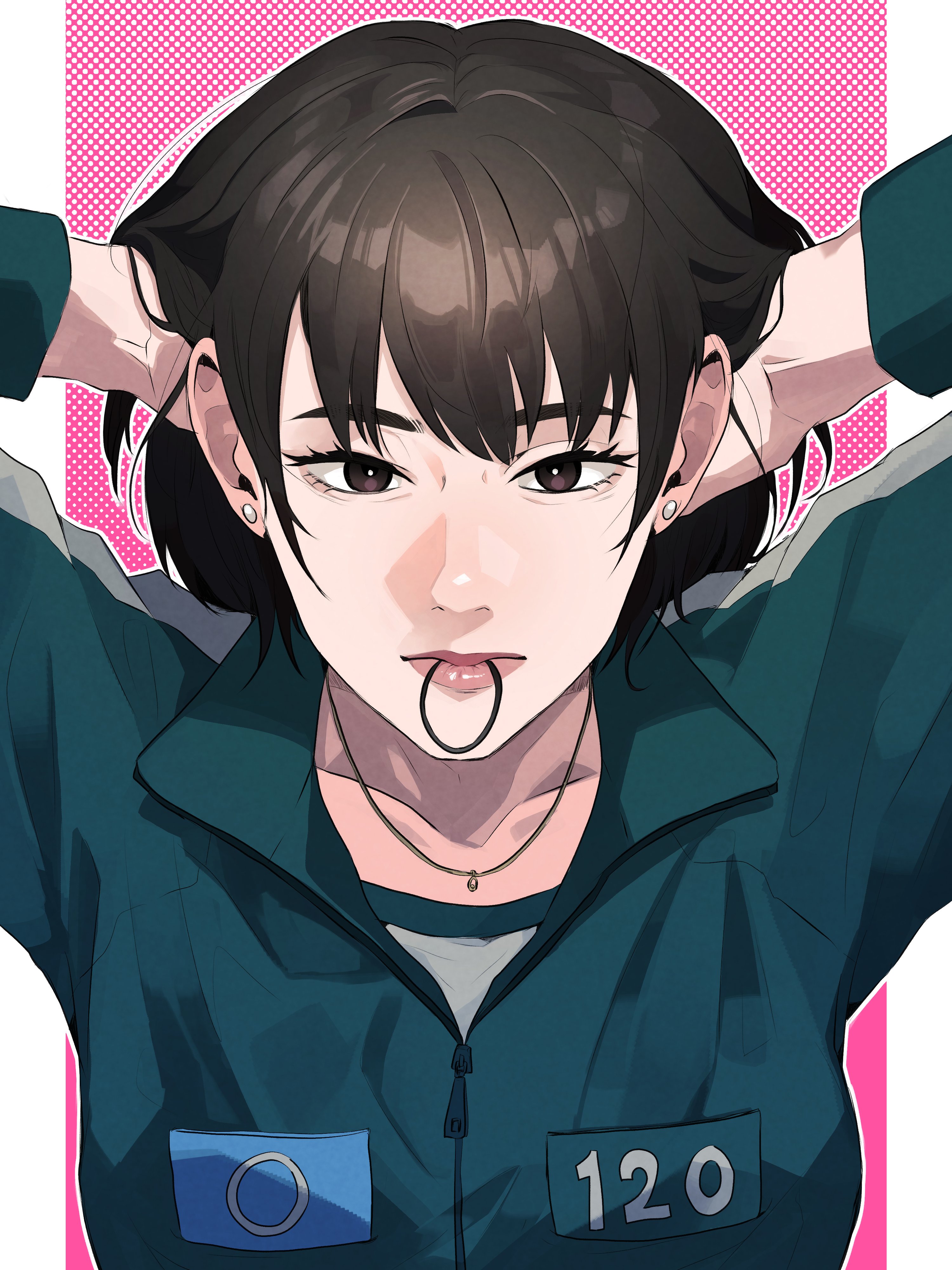 cho hyun-ju, squid game, absurdres, commentary request, highres, 1girl, adjusting hair, aegyo sal, blue jacket, breasts, bright pupils, brown eyes, brown hair, closed mouth, collarbone, collared jacket, film grain, from above, hair behind ear, hair between eyes, hair tie in mouth, jacket, jewelry, lips, long sleeves, looking at viewer, medium hair, mouth hold, necklace, outline, outside border, pillarboxed, pink background, pink lips, polka dot, polka dot background, seong (seong4rt), shirt, simple background, single vertical stripe, small breasts, solo, straight-on, swept bangs, track jacket, two-tone background, upper body, white background, white outline, white pupils, white shirt, zipper