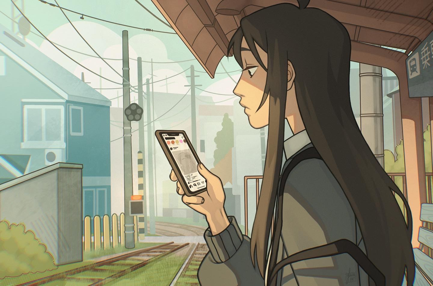 original, art study, commentary, english commentary, 1girl, bench, black hair, cellphone, chromatic aberration, from side, frown, gluca, holding, holding phone, house, long hair, phone, railroad tracks, shade, smartphone, solo, upper body, utility pole