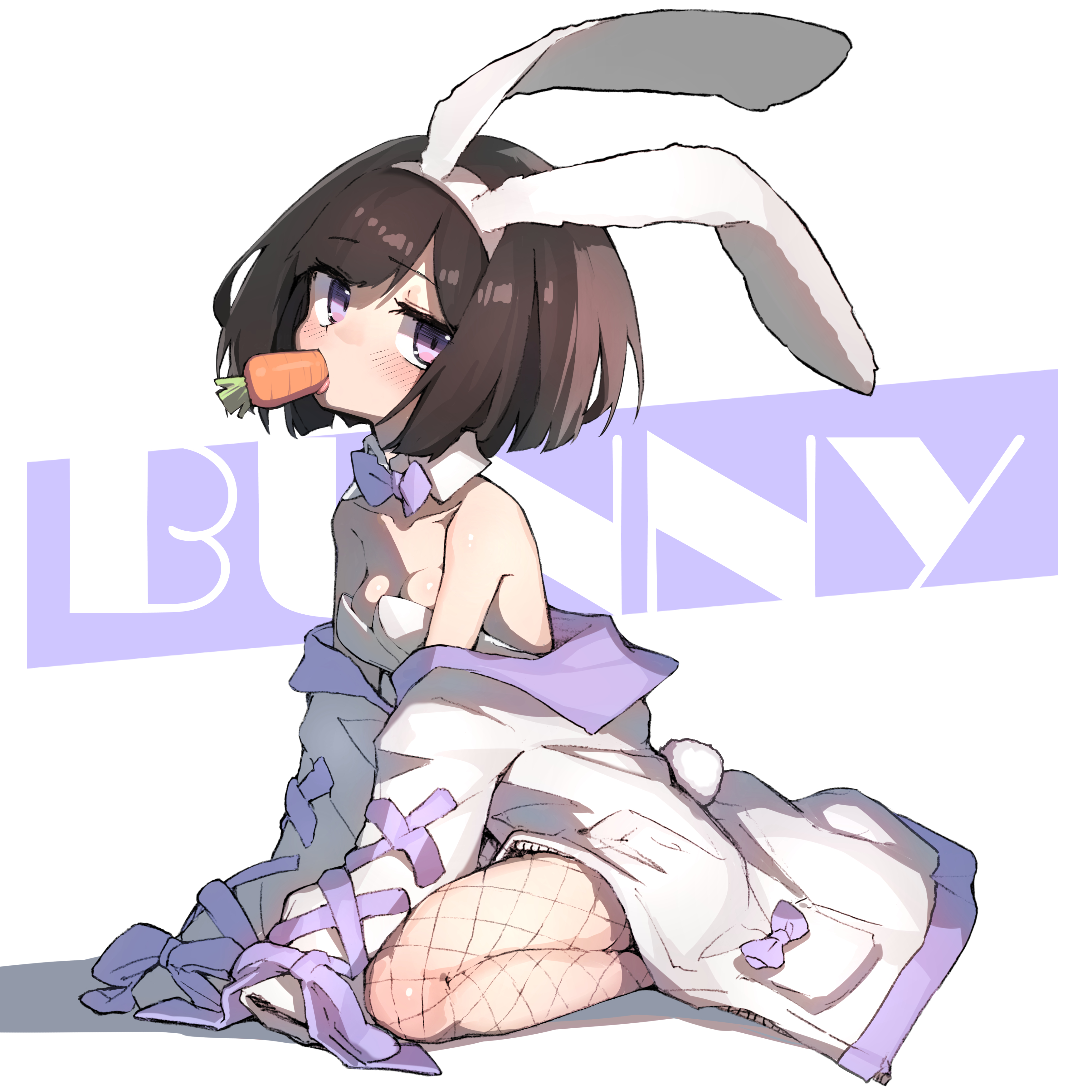 fukutchi, kouhai-chan (fukutchi), original, absurdres, highres, 1girl, animal ears, bob cut, bow, bowtie, breasts, brown hair, carrot, english text, fake animal ears, fake tail, fishnets, kneeling, long sleeves, looking at viewer, medium breasts, mouth hold, playboy bunny, purple bow, purple bowtie, purple eyes, rabbit ears, rabbit tail, solo, sweater, tail, text background, white sweater
