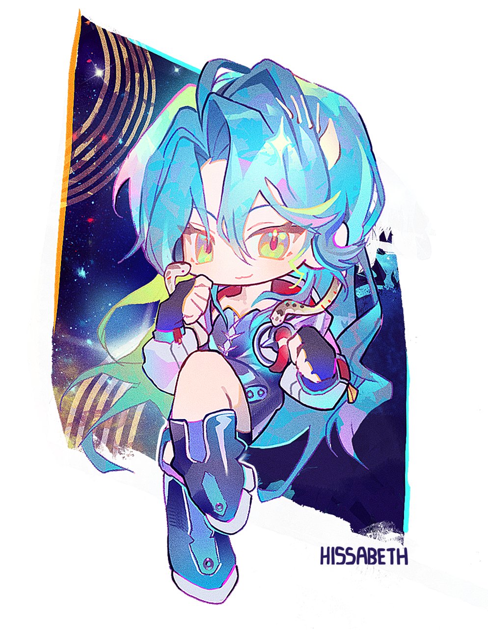 yeonan, hissabeth, reverse:1999, highres, 1girl, :3, blue hair, boots, character name, chibi, dress, full body, green eyes, grey boots, grey dress, invisible chair, jacket, long hair, looking at viewer, red pupils, short dress, sitting, sky, snake, snake on head, solo, star (sky), starry sky, very long hair, white background, white jacket