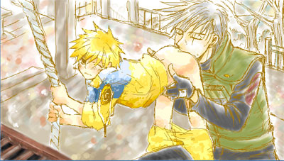 hatake kakashi, uzumaki naruto, naruto (classic), naruto (series), artist request, lowres, 2boys, anal, anilingus, clothes pull, licking, male focus, male penetrated, multiple boys, oral, outdoors, pants, pants pull, sex, shota, undressing, yaoi