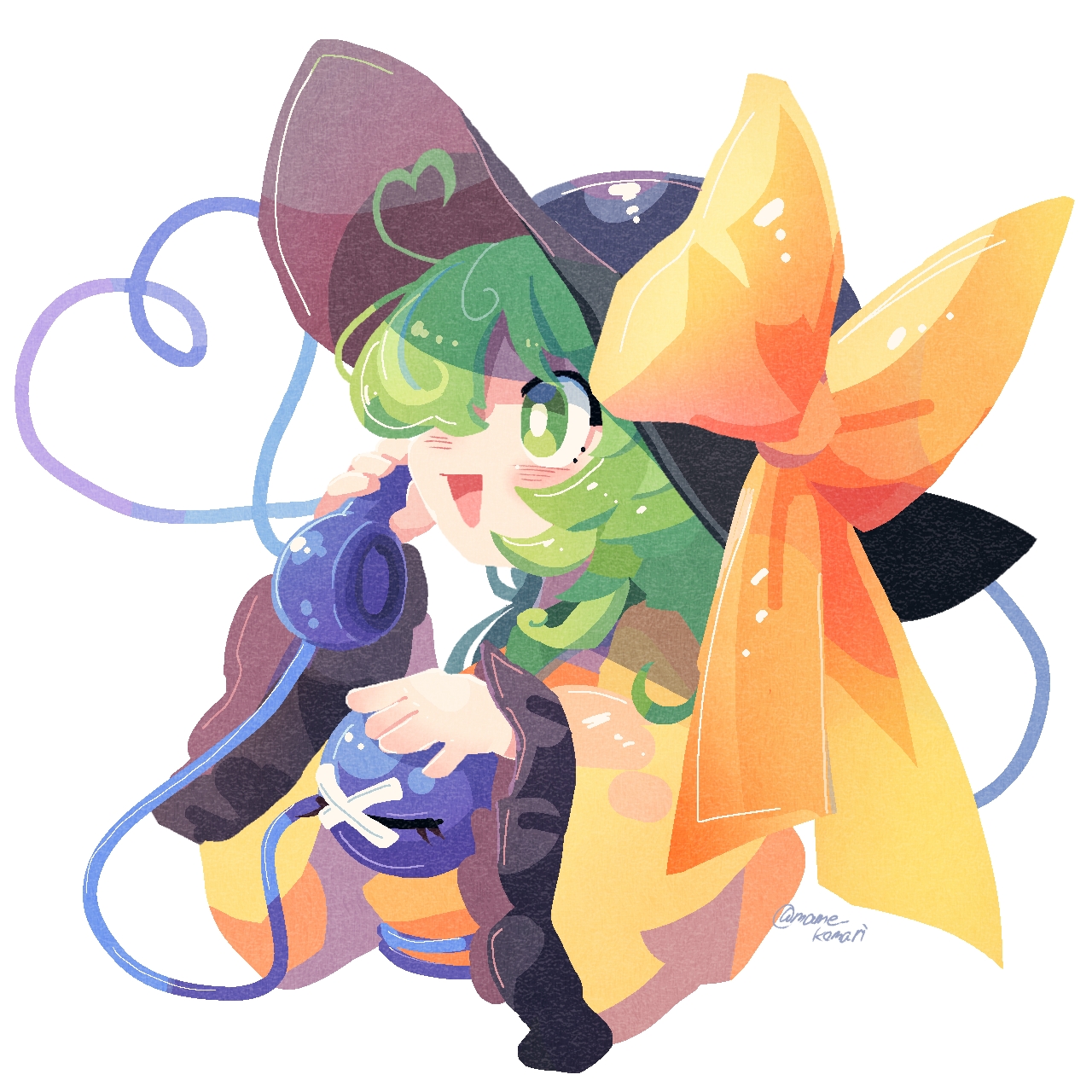 mame komari, komeiji koishi, touhou, commentary request, highres, 1girl, :d, ahoge, black hat, bow, corded phone, cropped torso, frilled sleeves, frills, from side, green eyes, green hair, hat, hat bow, heart, heart of string, holding, holding phone, long hair, long sleeves, no lineart, open mouth, phone, shirt, simple background, smile, solo, third eye, twitter username, white background, wide sleeves, yellow bow, yellow shirt
