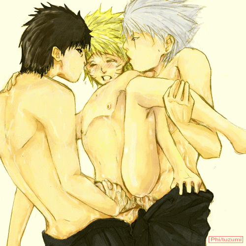 hatake kakashi, uzumaki naruto, naruto (classic), naruto (series), artist request, lowres, age difference, anal, blonde hair, cum, cum in ass, group sex, handjob, held up, holding legs, legs up, male focus, male penetrated, masturbation, nude, penis, penises touching, sex, shota, spread legs, standing, threesome, topless male, unzipped, yaoi