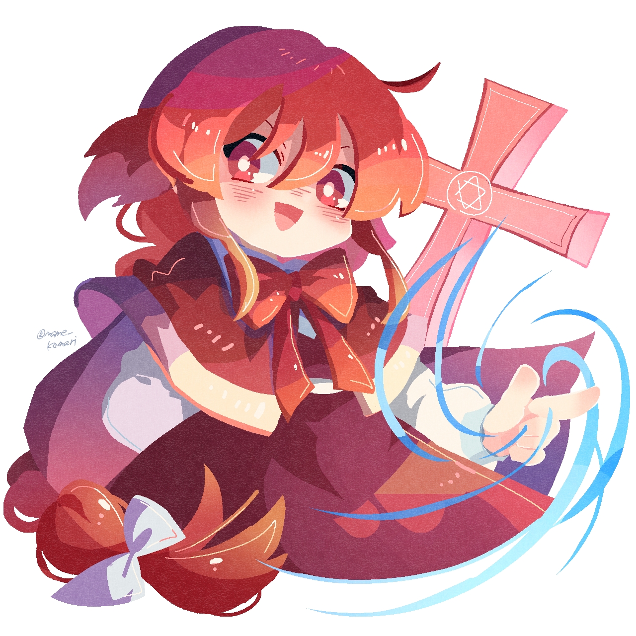 mame komari, okazaki yumemi, touhou, touhou (pc-98), commentary request, highres, 1girl, :d, blush, bow, bowtie, capelet, cropped legs, cross, hair between eyes, long braid, long hair, long sleeves, looking at viewer, no lineart, open mouth, red bow, red bowtie, red capelet, red eyes, red hair, red skirt, red vest, shirt, simple background, skirt, smile, solo, twitter username, very long hair, vest, white background, white shirt