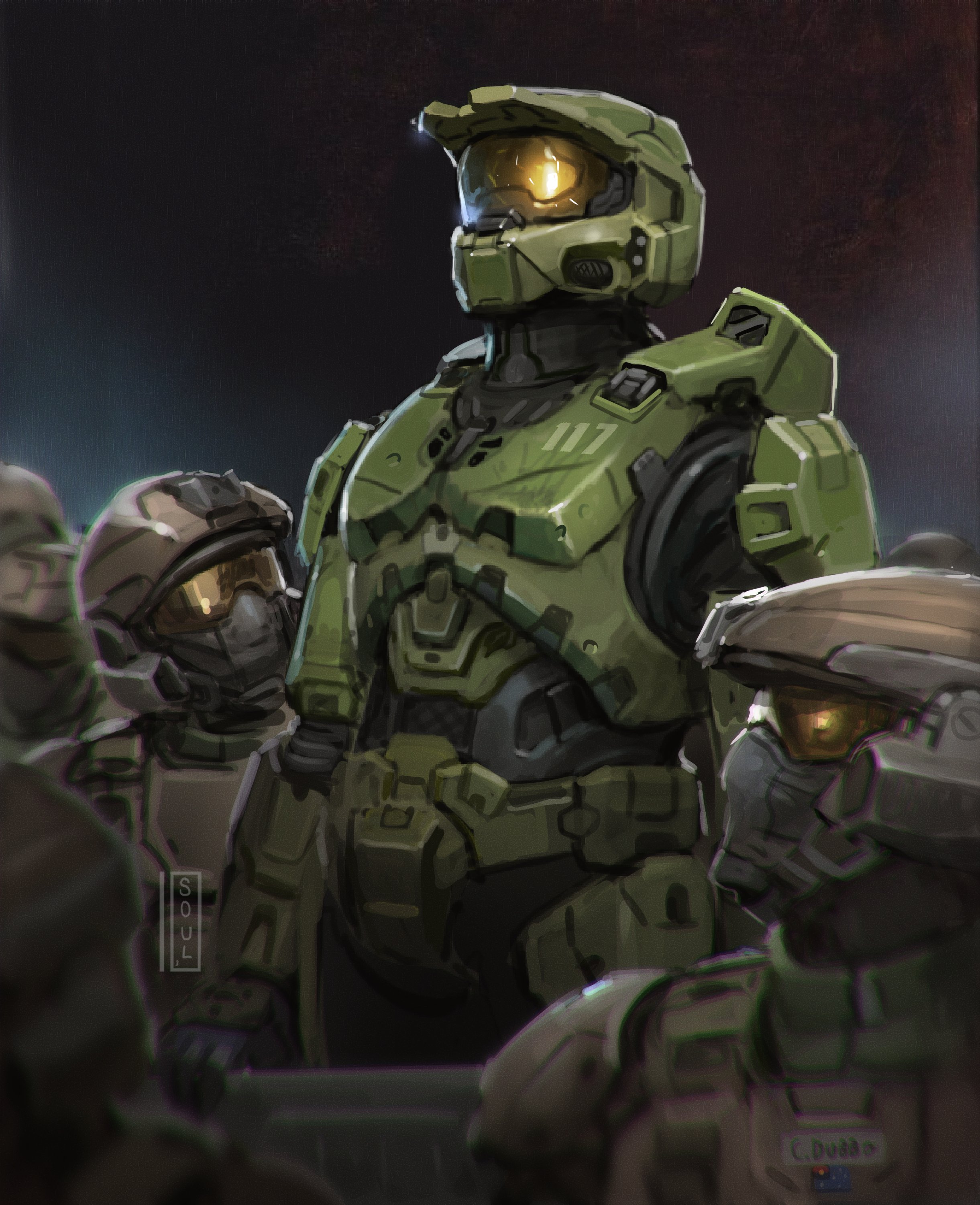 soul ant19, master chief, halo (series), absurdres, highres, 1boy, armor, artist name, church, freedom of speech, halo, helmet, looking at another, military uniform, multiple others, pew, power armor, standing