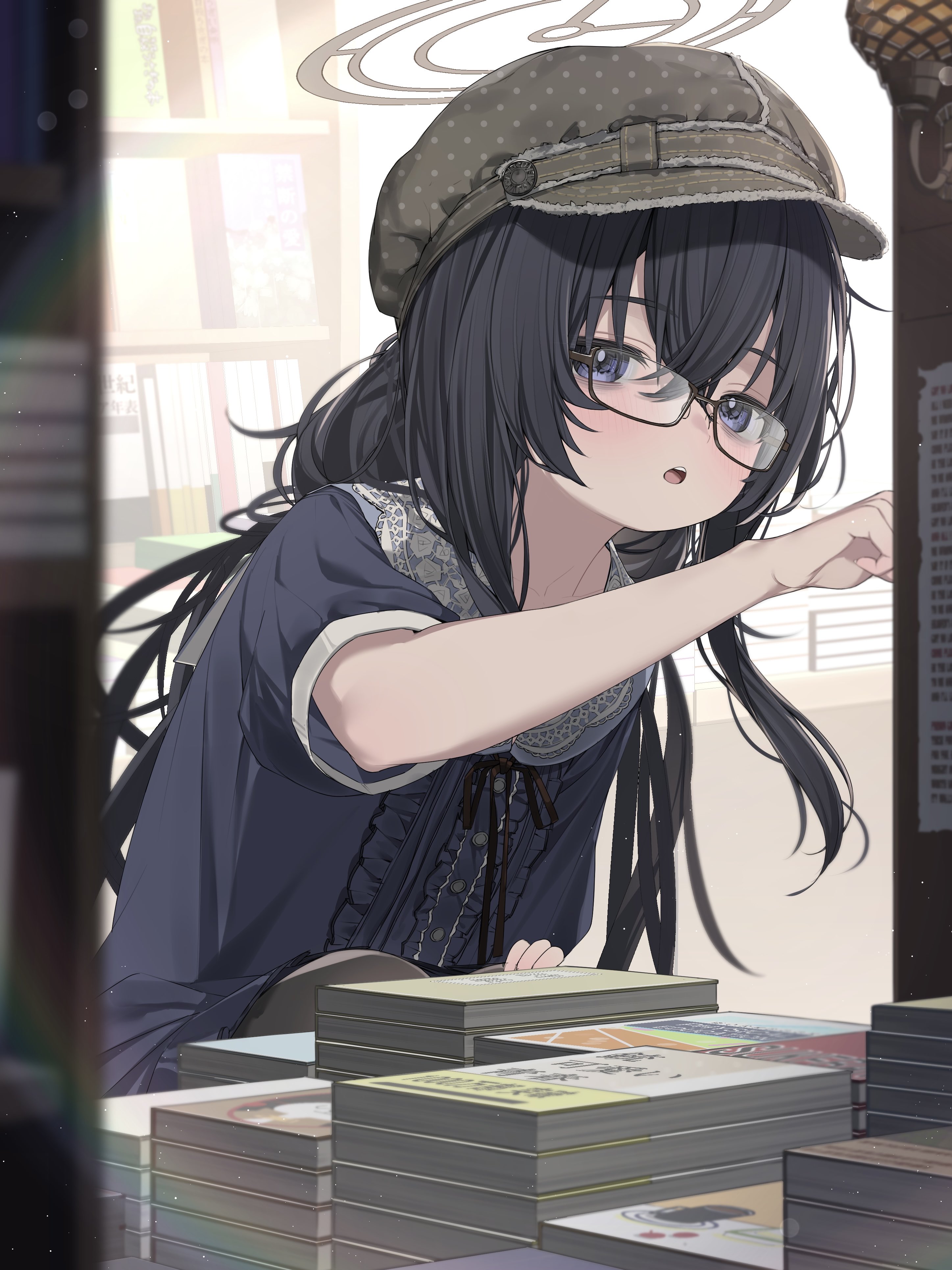 yoru uyo, ui (blue archive), blue archive, absurdres, highres, tagme, 1girl, alternate costume, bags under eyes, black hair, blush, book, bookstore, hairband, halo, hat, long hair, shop, solo