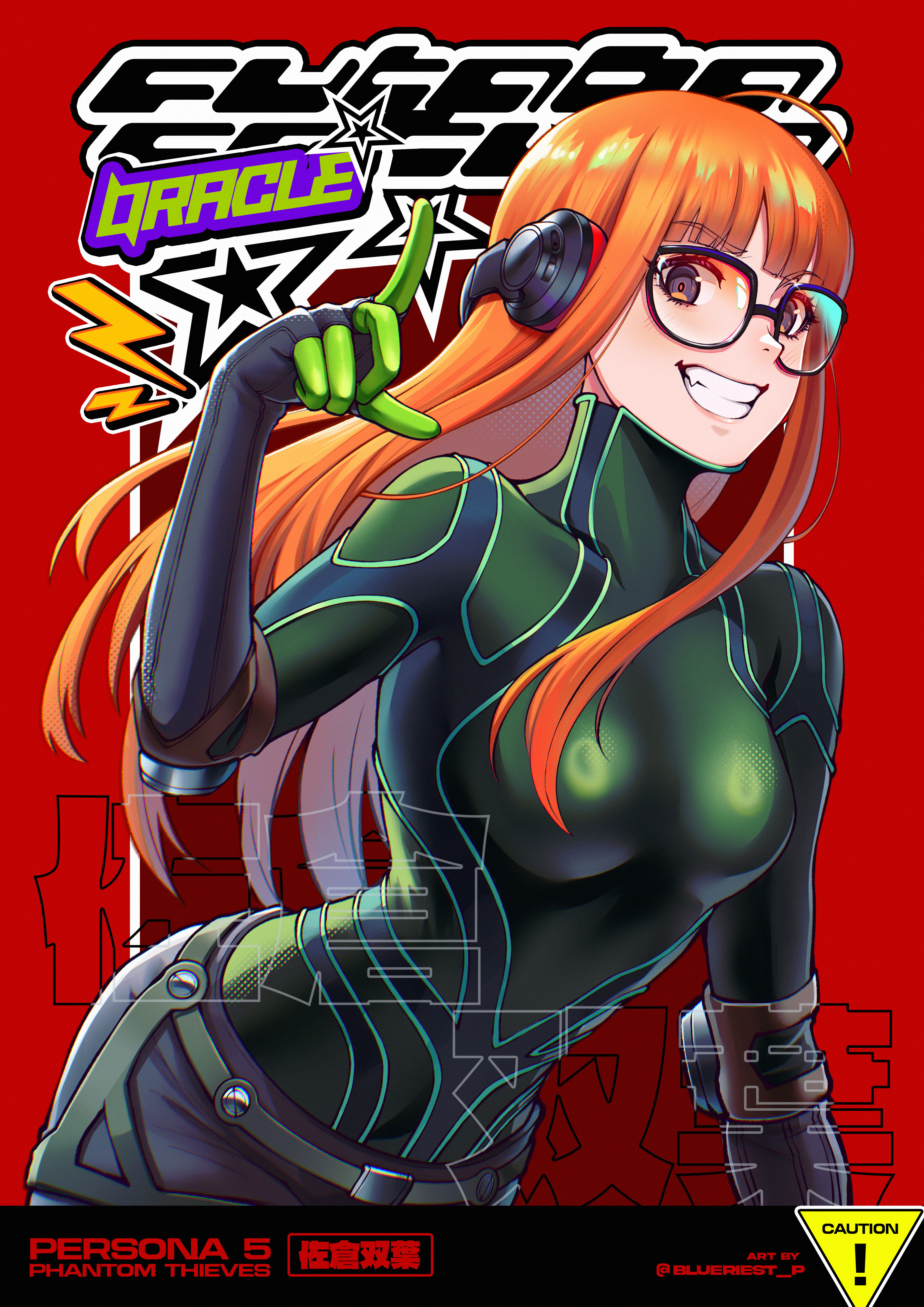 blueriest, oracle (persona 5), sakura futaba, persona, persona 5, absurdres, highres, 1girl, blunt bangs, breasts, glasses, green shirt, grin, headphones, leaning forward, long hair, looking at viewer, no goggles, orange hair, red background, shirt, simple background, smile, solo