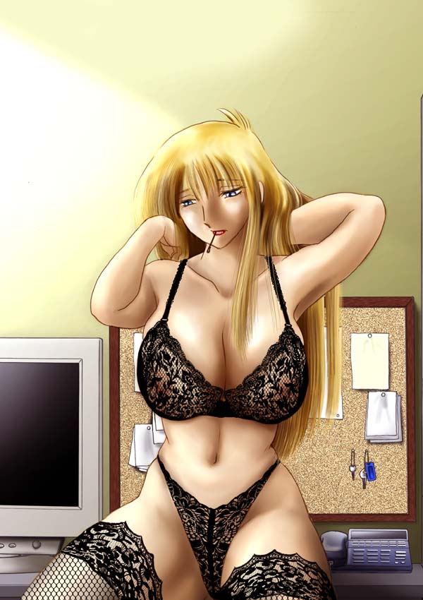 tsuya-tsuya, lace-trimmed legwear, non-web source, 1girl, adjusting hair, black bra, black panties, black thighhighs, blonde hair, blue eyes, bra, breasts, bulletin board, charm (object), cleavage, computer, desk, female focus, fishnet thighhighs, fishnets, highleg, highleg panties, huge breasts, indoors, key, lace, lace bra, lace panties, lace trim, large breasts, lingerie, lipstick, long hair, makeup, monitor, mouth hold, navel, nipples, on desk, panties, phone, red lips, see-through clothes, sitting, solo, thighhighs, underwear, underwear only