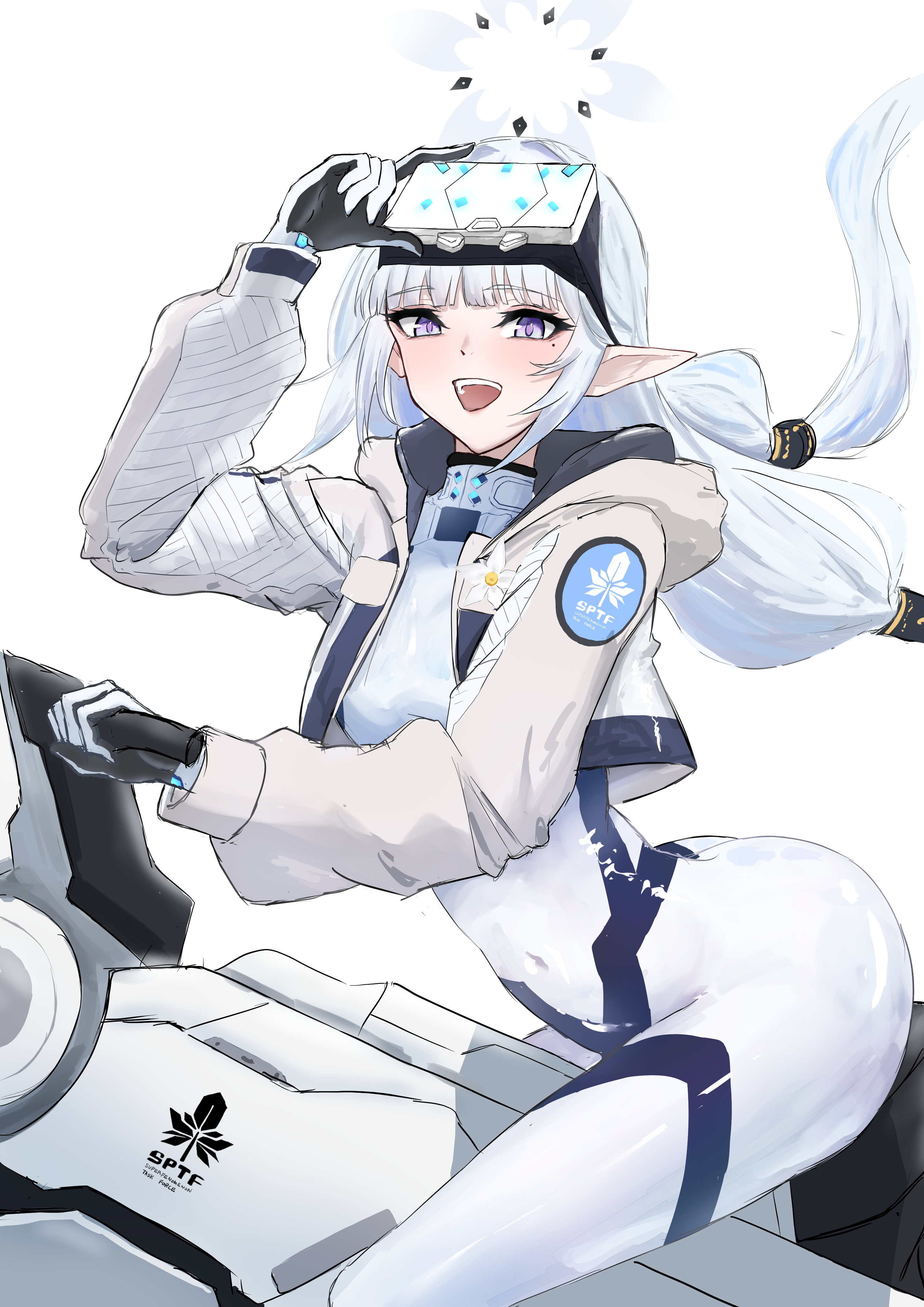 asao (asaomm12345), himari (blue archive), himari (bodysuit) (blue archive), blue archive, absurdres, highres, tagme, 1girl, bodysuit, breasts, halo, head-mounted display, hover bike, hover vehicle, jacket, long hair, mole, mole under eye, official alternate costume, pointy ears, purple eyes, white halo